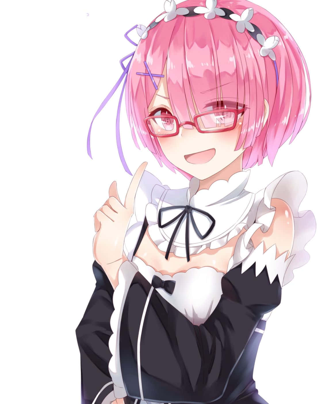 Re Zero Ram 桌布 壁紙 — 一個開心的動漫女孩，粉紅色頭髮和紅色眼鏡，穿著女僕裝，在白色背景前豎起大拇指。