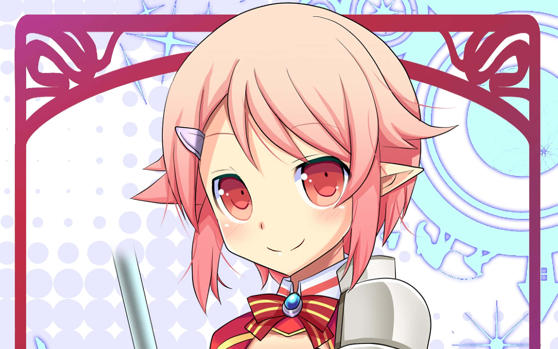 Sword Art Online Lisbeth 桌布 壁紙 — 一個開心的動漫女孩，粉紅色頭髮和紅色眼睛，微笑著在裝飾框架內拿著劍。