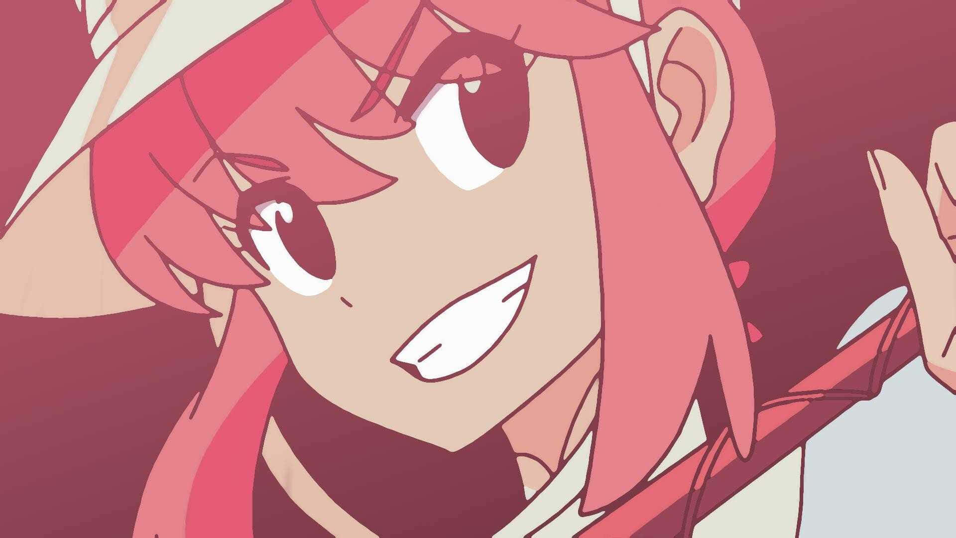 Nonon Jakuzure 桌布 壁紙 — 一個開心的動漫女孩，粉紅色頭髮和大眼睛，在柔和的紅色背景上燦爛微笑。