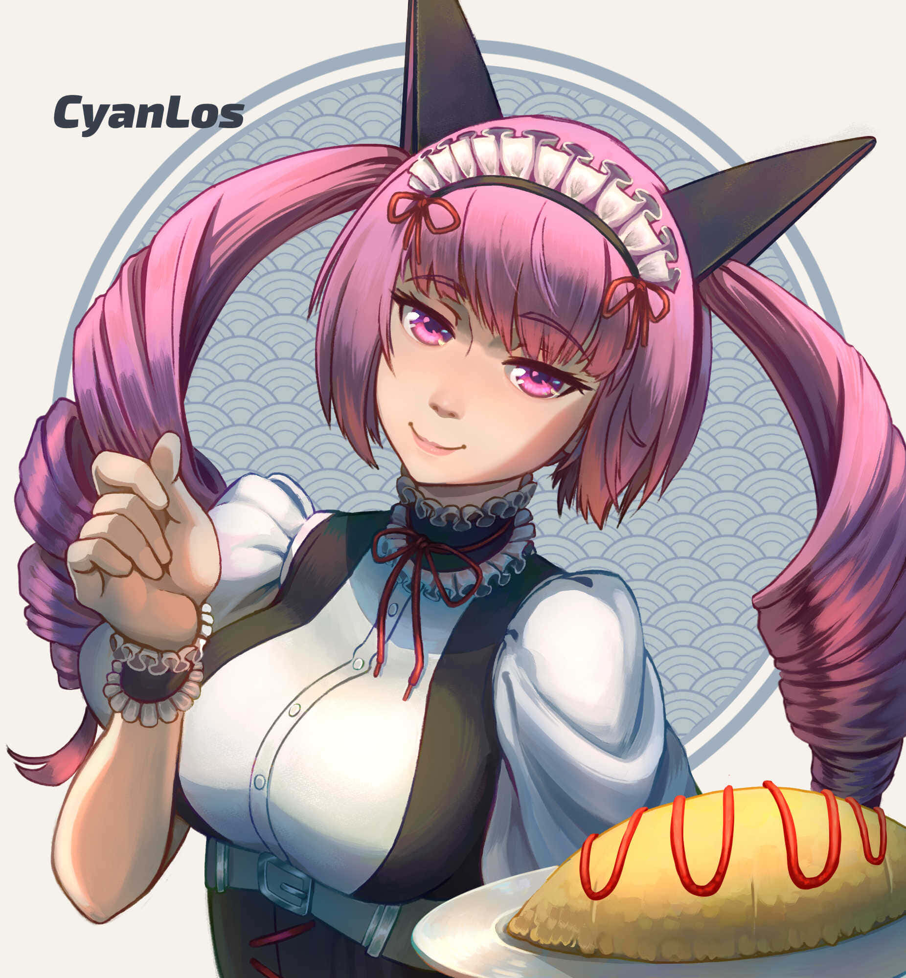 Faris Nyannyan 桌布 壁紙 — 一個開心的動漫女孩，粉紅色頭髮和貓耳朵，拿著一盤有紅色醬汁的麵包，溫暖地微笑。