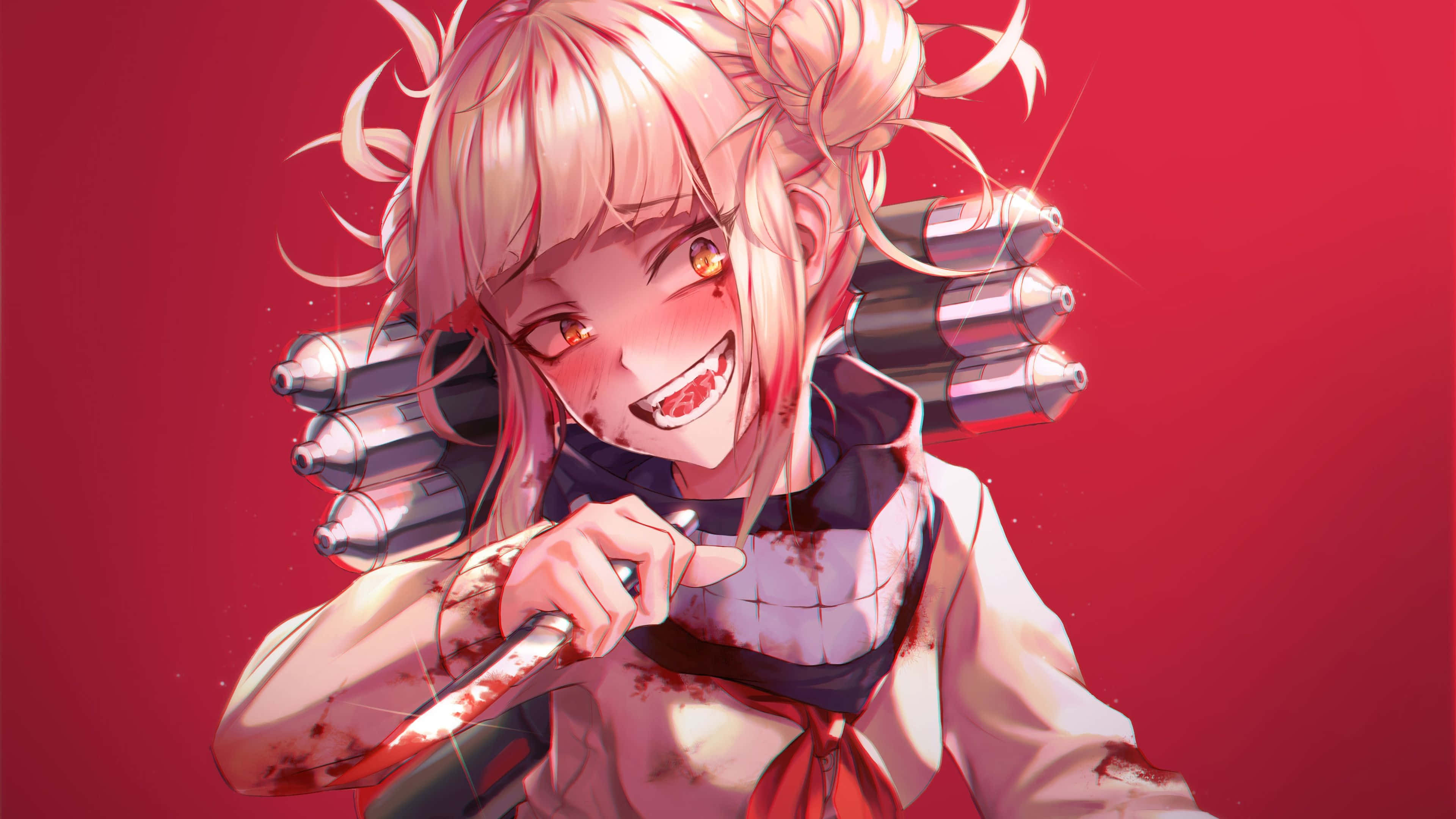 Toga 桌布 壁紙 — 一個開心的動漫女孩，粉紅色頭髮和發光的眼睛，在純紅色背景前揮舞著一把沾滿血的刀。