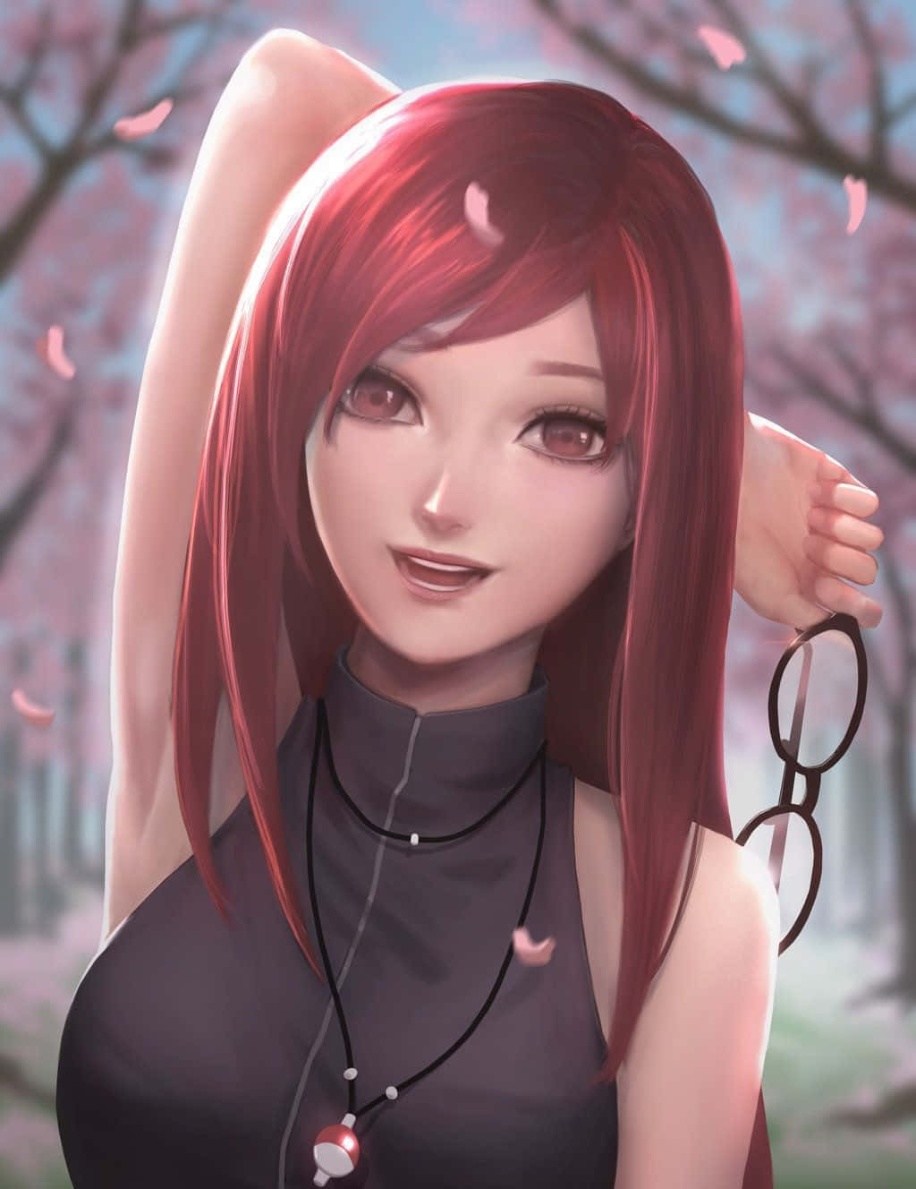 Karin Uzumaki 桌布 壁紙 — 一個開心的動漫女孩，紅髮戴眼鏡，站在飄落的櫻花下微笑。
