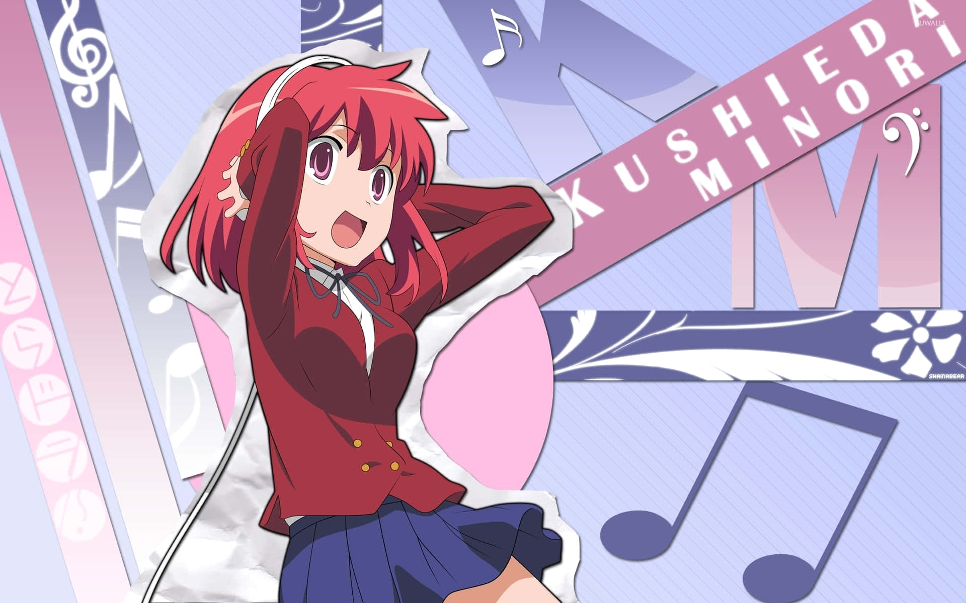 Minori Kushieda 桌布 壁紙 — 一個開心的動漫女孩，紅髮戴耳機，在充滿活力的音樂主題背景前充滿活力地微笑。