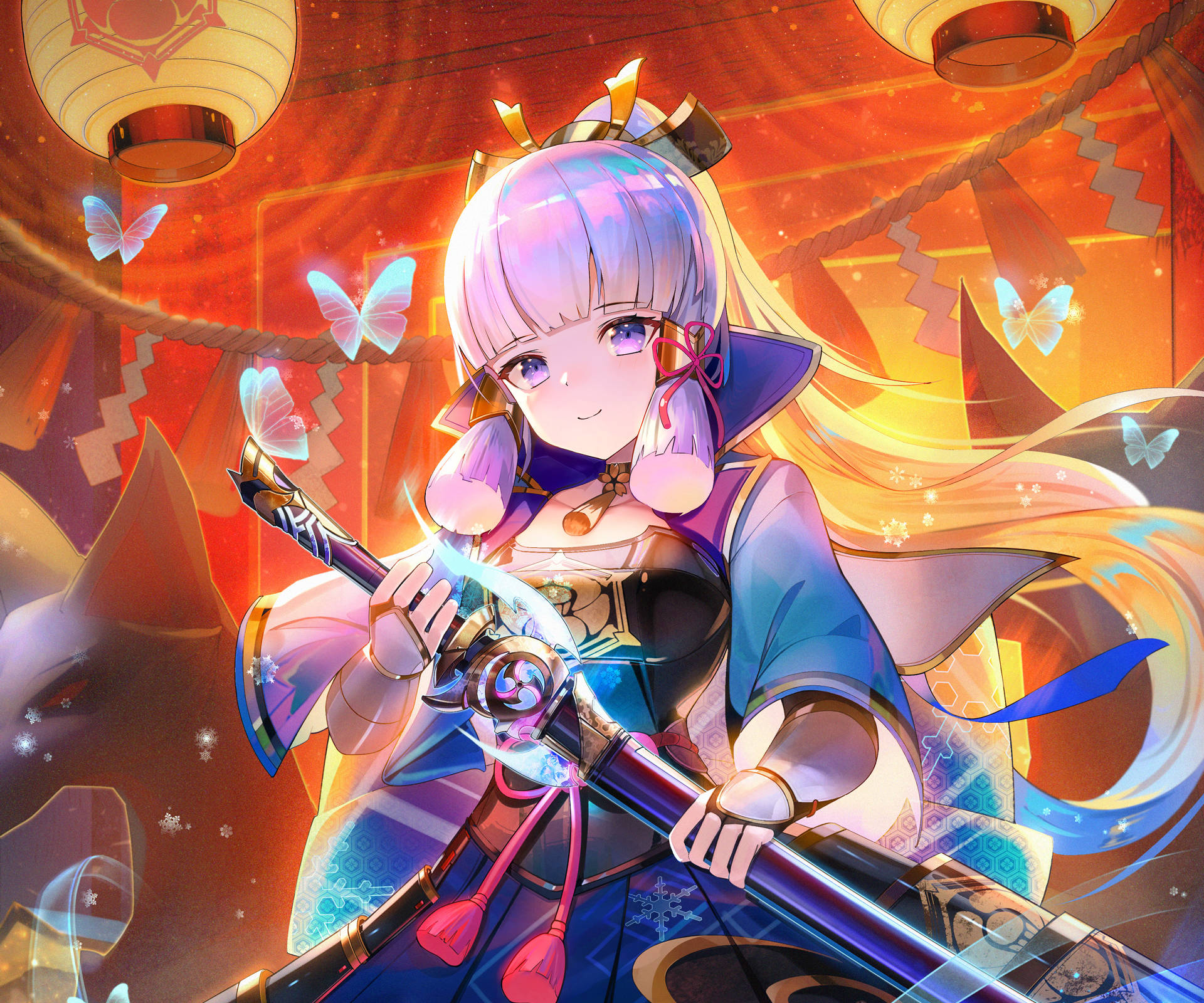 遊戲 桌布 壁紙 — 一個開心的動漫女孩，紫色頭髮，在飄浮的蝴蝶和溫暖的燈籠中拿著發光的劍。