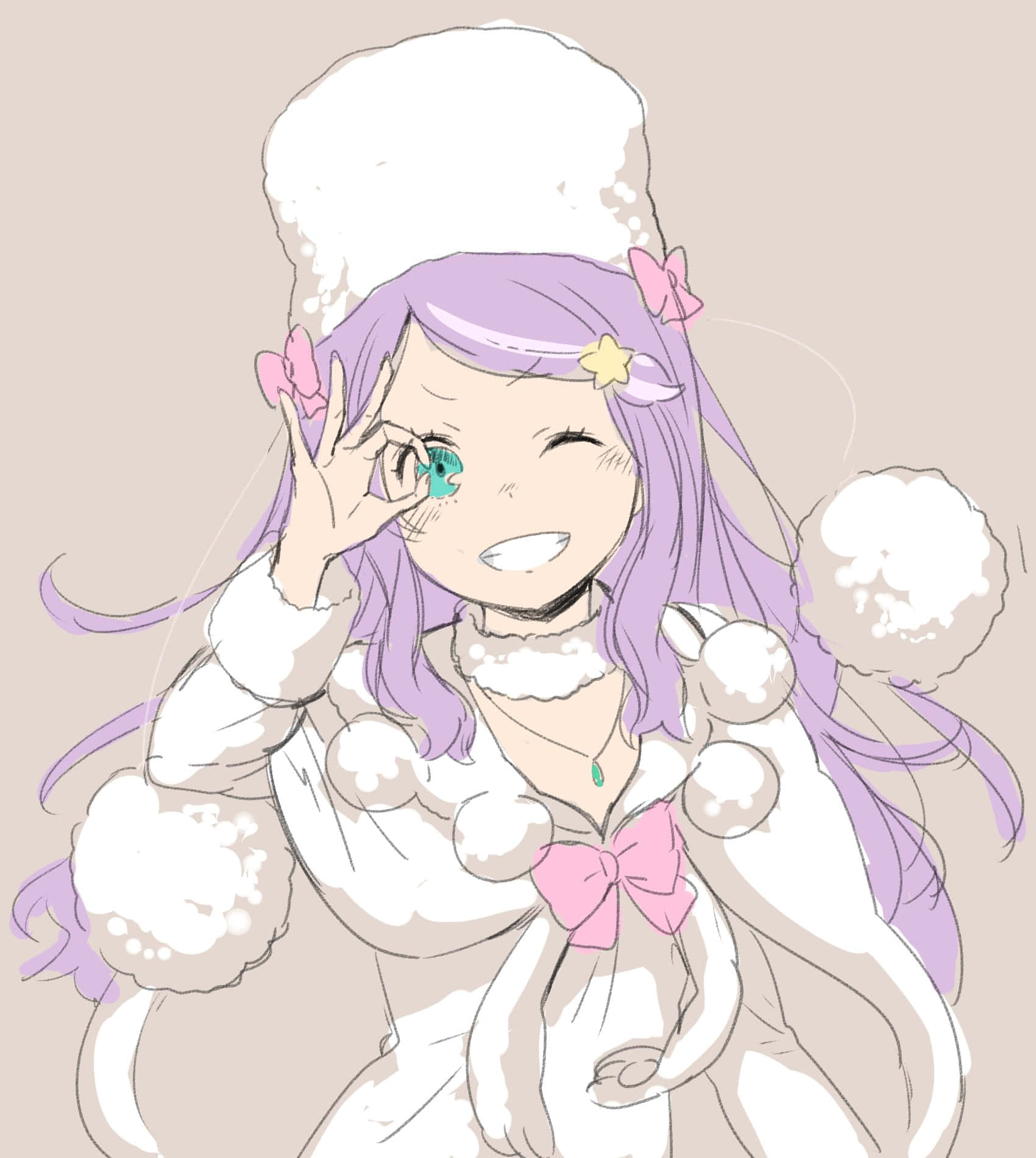 Anastasia Hoshin 桌布 壁紙 — 一個開心的動漫女孩，紫色頭髮，戴著積雪的帽子，一邊眨眼一邊舉起眼睛。