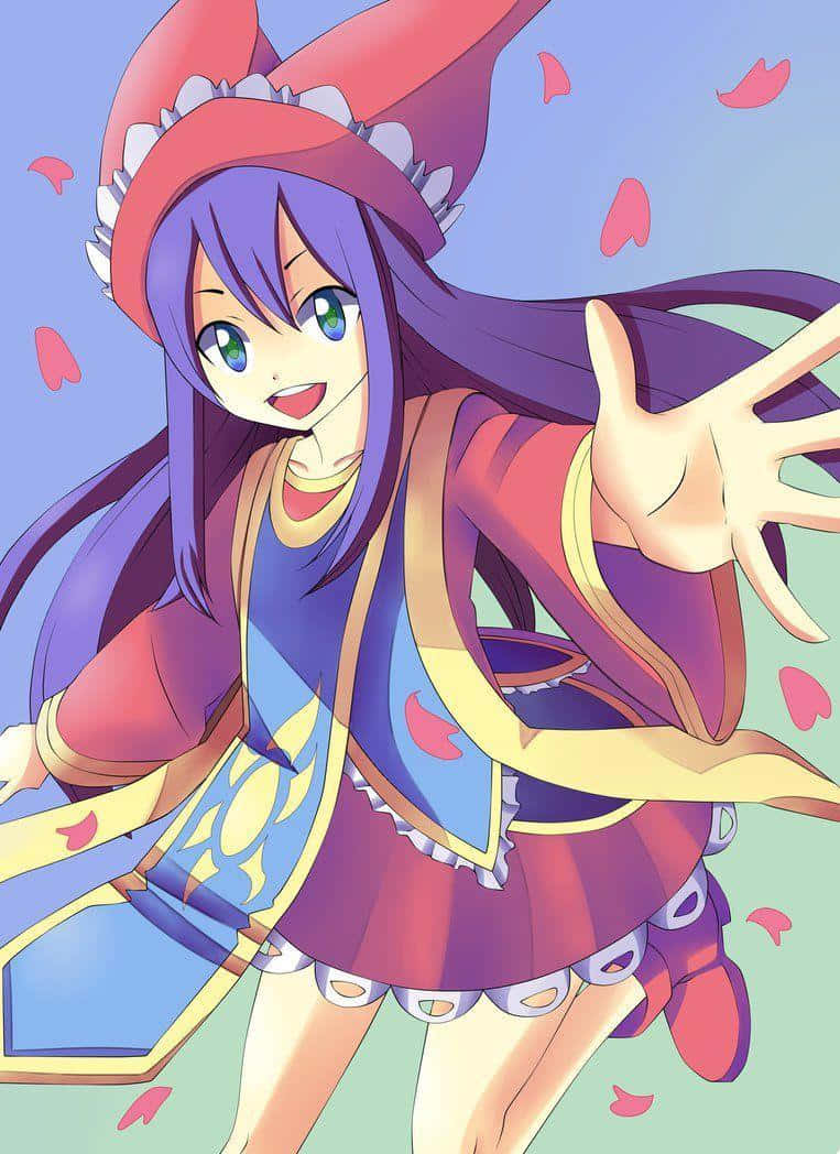 Wendy Marvell 桌布 壁紙 — 一個開心的動漫女孩，紫色頭髮，戴著紅色帽子，在粉紅色花瓣飄落時快樂地揮手。