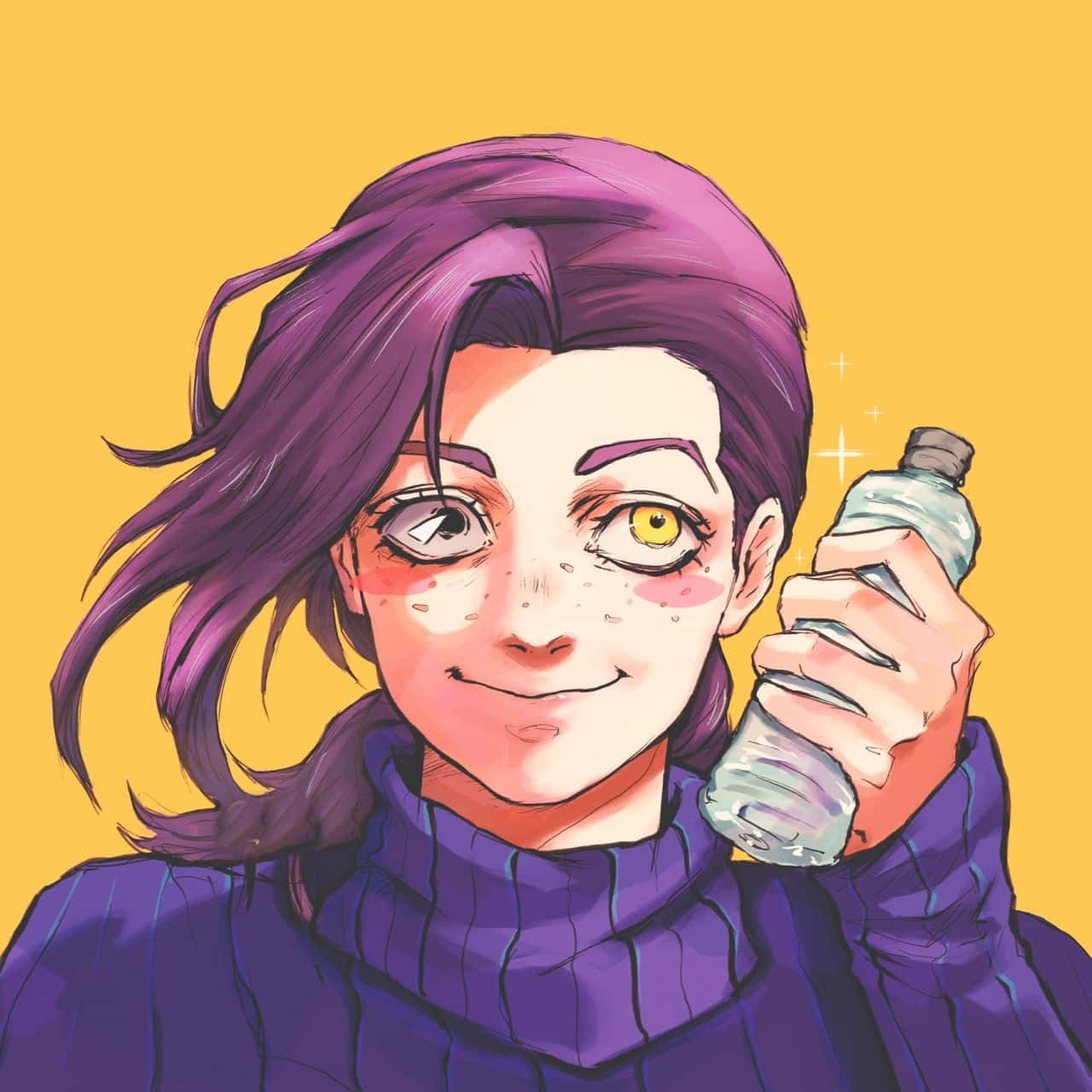 Vinegar Doppio 桌布 壁紙 — 一個開心的動漫女孩，紫色頭髮，異色瞳，在純黃色背景前拿著一個水樽。