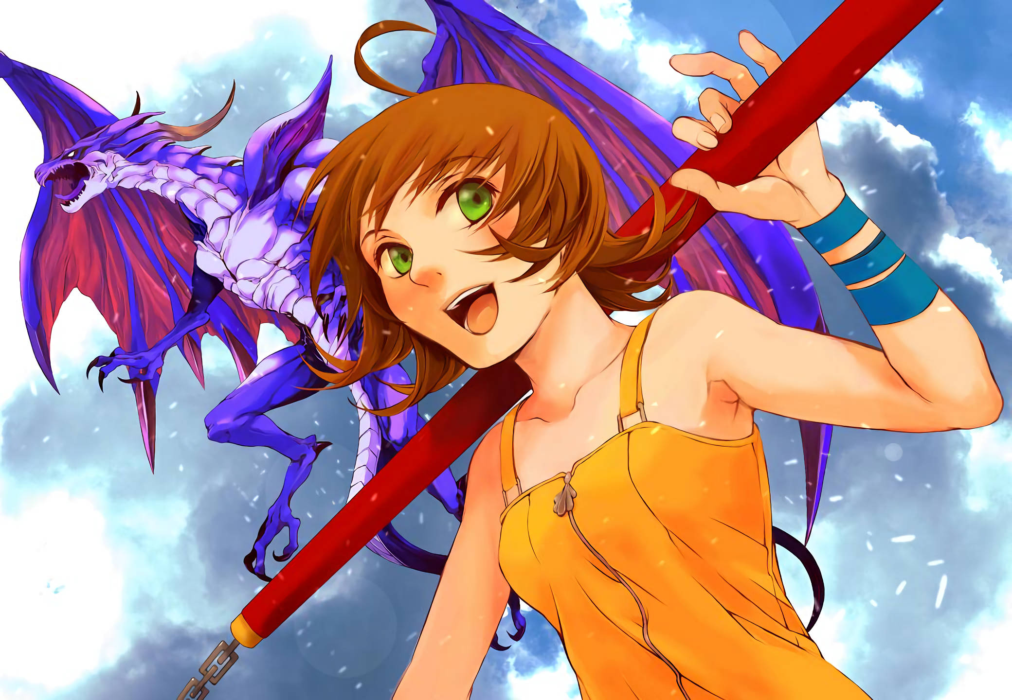 Final Fantasy 8 Selphie 壁紙 — 一個開心的動漫女孩，綠色眼睛，棕色頭髮，在陰天背景下，在紫色龍旁邊揮舞著紅色法杖。
