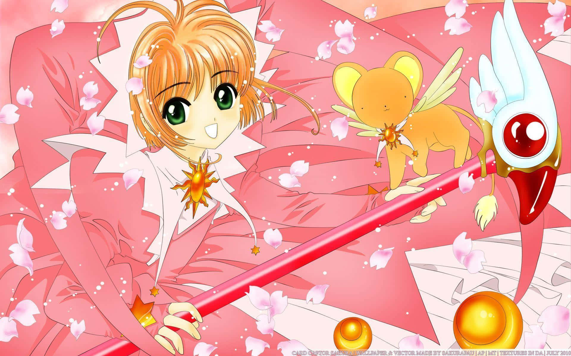 Syaoran Li from Cardcaptor Sakura 壁紙 — 一個開心的動漫女孩，綠色眼睛和橙色頭髮，手持紅色法杖，周圍有粉紅色的櫻花和一個小黃色精靈。