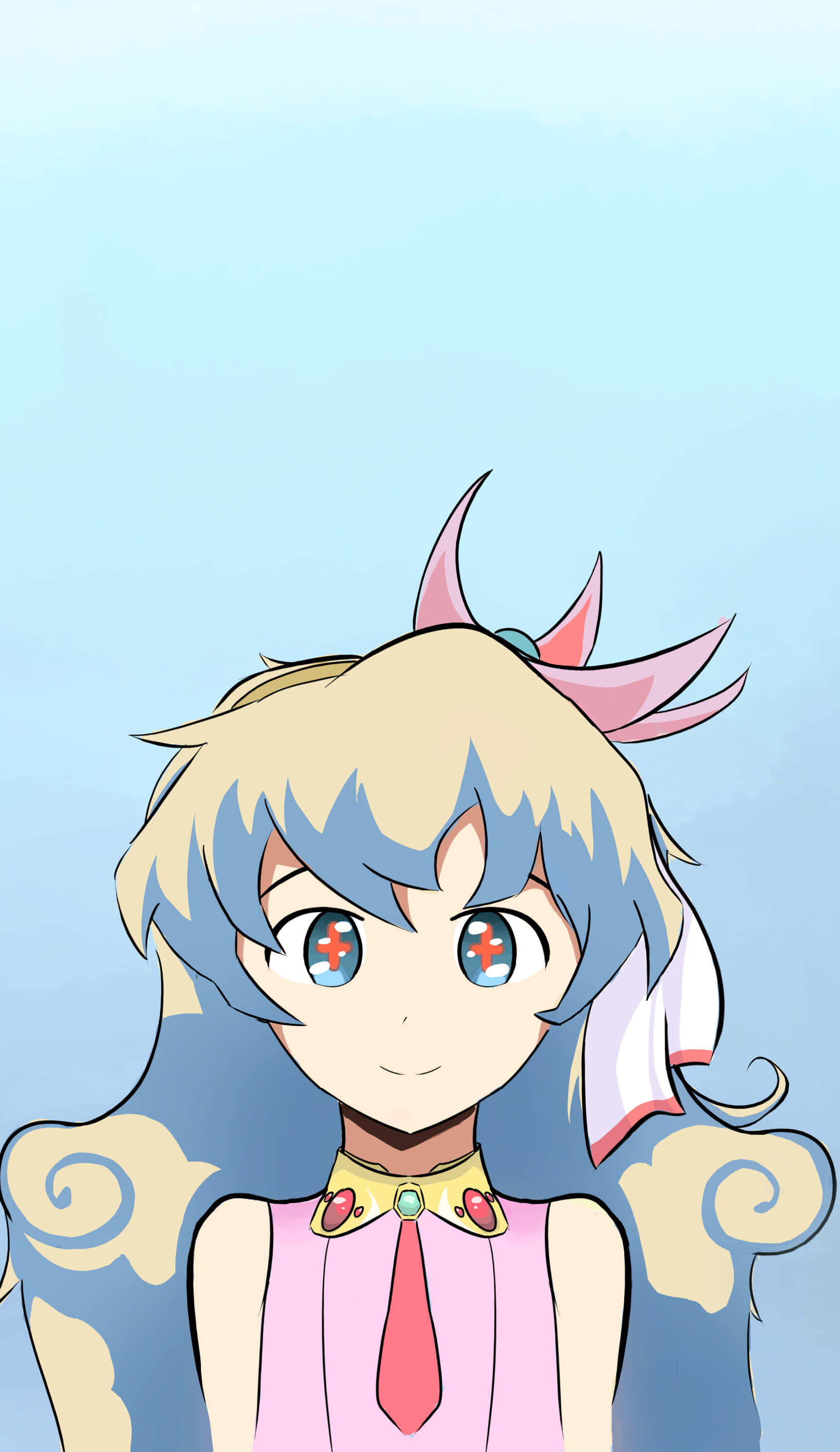 Nia Teppelin 桌布 壁紙 — 一個開心的動漫女孩，藍色和金色頭髮，粉紅色角，在柔和的藍色漸變背景上微笑。