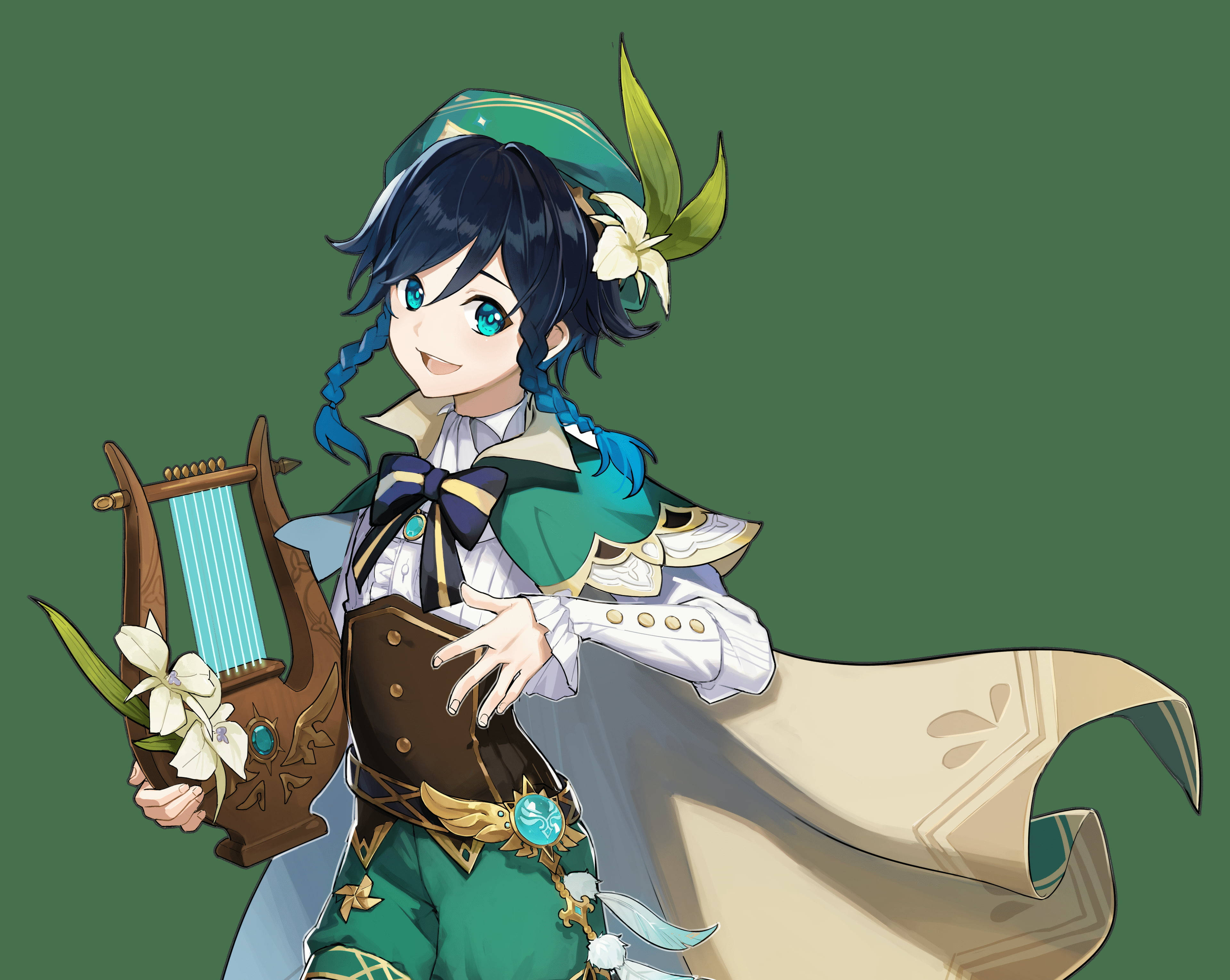 Genshin 桌布 壁紙 — 一個開心的動漫女孩，藍色辮子，綠色衣服，拿著一把裝飾著白色花朵的里拉琴，背景是純綠色。