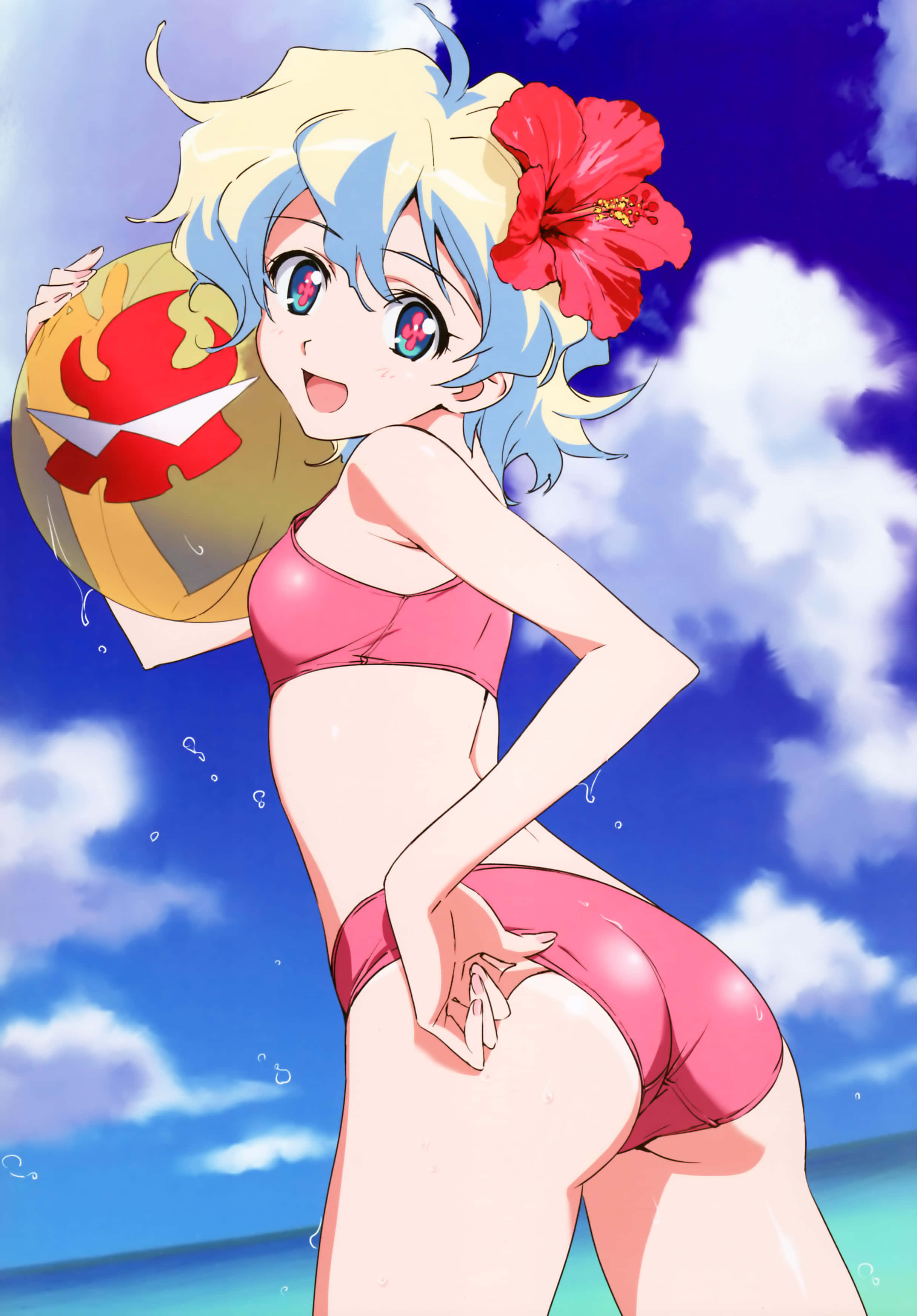 Nia Teppelin 桌布 壁紙 — 一個開心的動漫女孩，藍色頭髮，戴著紅色木槿花，在藍天白雲下拿著排球。
