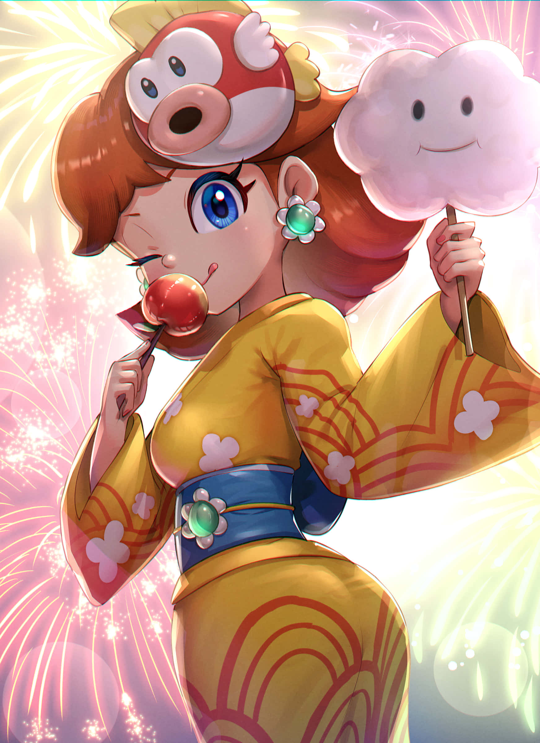Princess Daisy 桌布 壁紙 — 一個開心的動漫女孩，身穿帶有花卉圖案的黃色和服，手持棒棒糖和微笑的雲朵糖果，背景是閃爍的煙花。