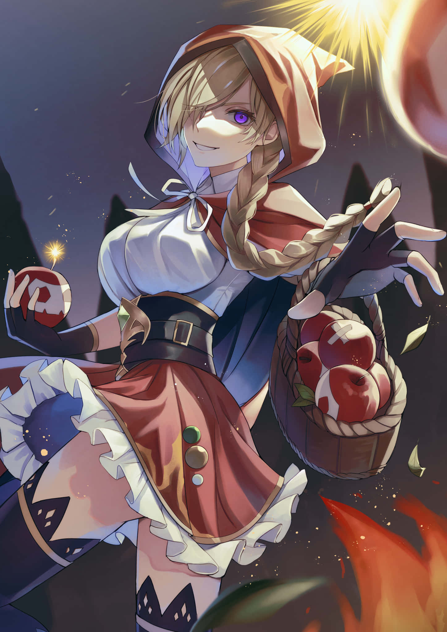 Dark Tales 桌布 壁紙 — 一個開心的動漫女孩，身穿紅色連帽斗篷，在黑暗森林背景下，手持一籃蘋果和一個發光球體，周圍有熾熱的橙色光芒。