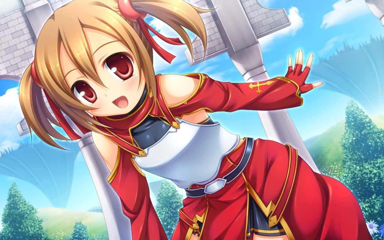 Sword Art Online Silica 桌布 壁紙 — 一個開心的動漫女孩，金色雙馬尾和紅色眼睛，在藍天、城堡廢墟和綠色山丘前揮舞著一把巨劍。