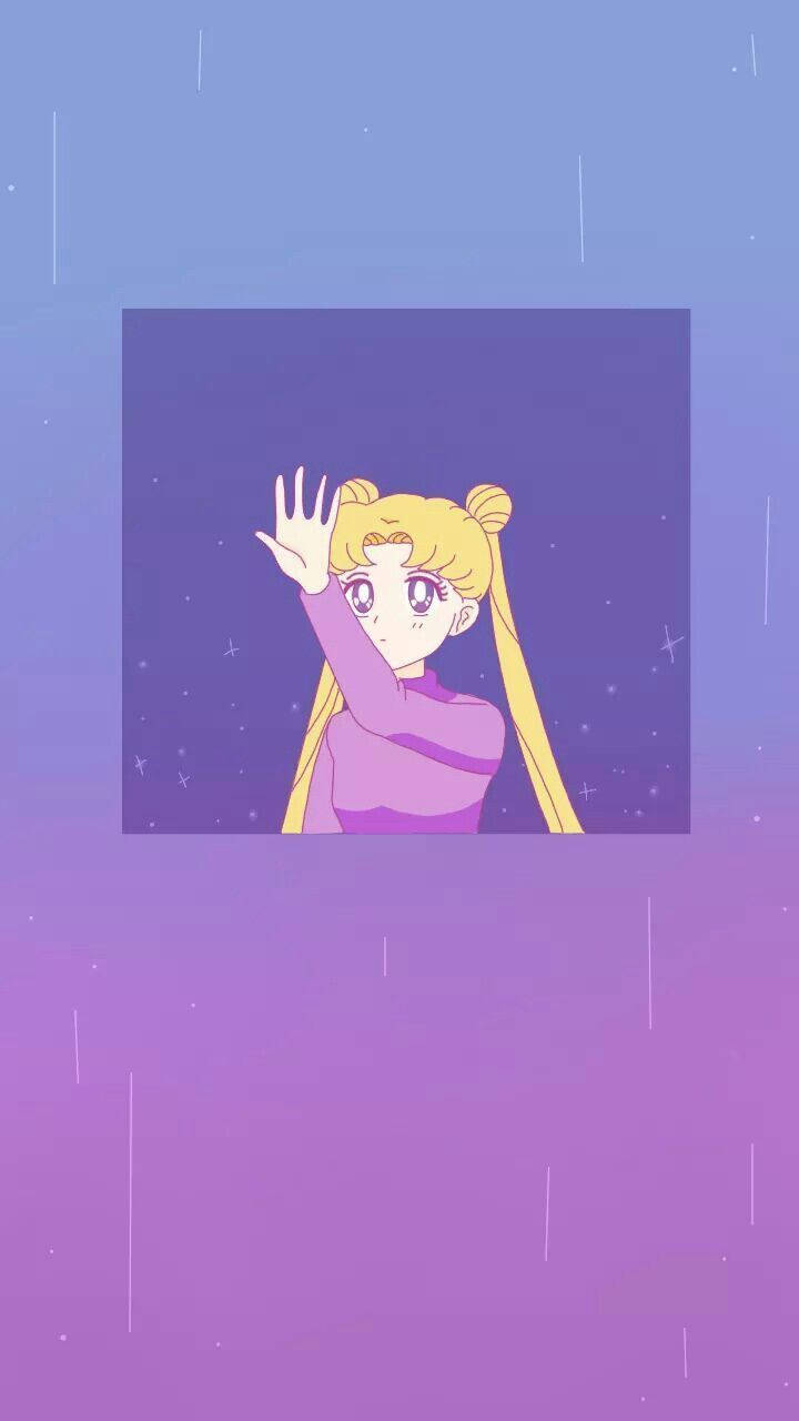 漸變動畫 桌布 壁紙 — 一個開心的動漫女孩，金色雙馬尾辮，在紫色星空和落雨中從窗戶揮手。