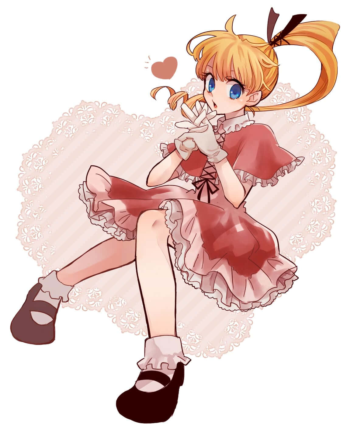 Biscuit Krueger 桌布 壁紙 — 一個開心的動漫女孩，金色雙馬尾辮和藍色眼睛，穿著荷葉邊紅色連衣裙，盤腿坐在心形蕾絲背景前。