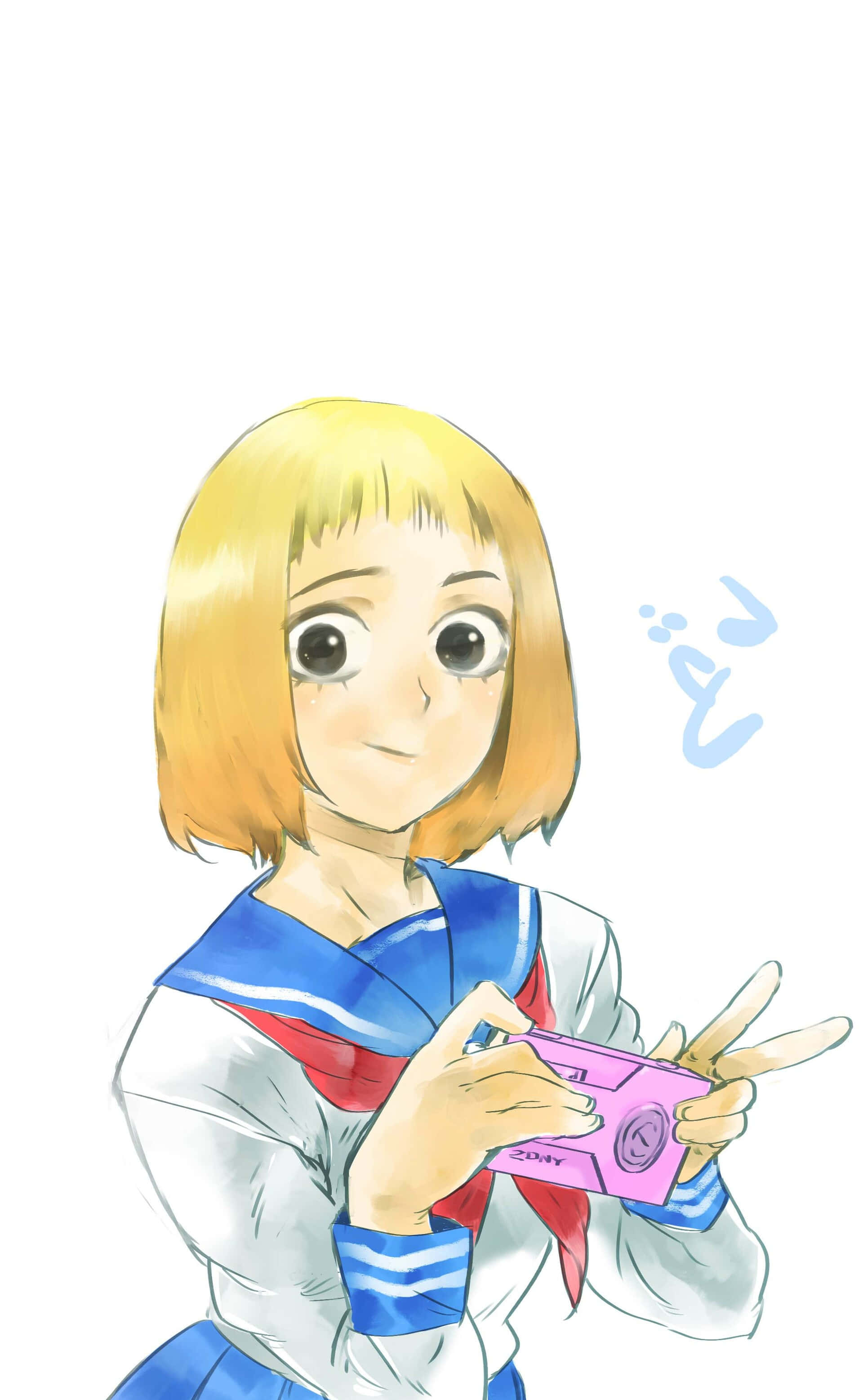 Ichi Mezato 桌布 壁紙 — 一個開心的動漫女孩，金色鮑伯頭，穿著水手服，帶著俏皮的表情拿著粉紅色相機。