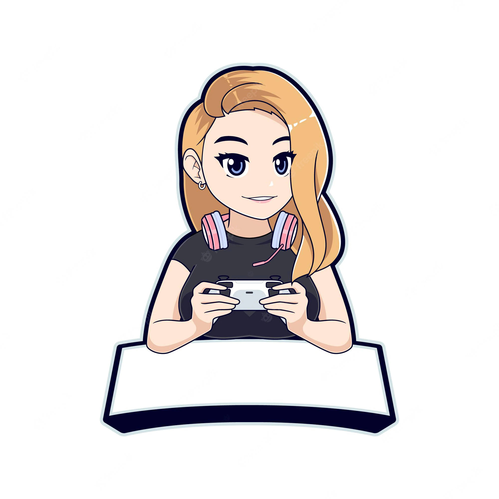 Gamer Logo 桌布 壁紙 — 一個開心的動漫女孩，金髮，戴著粉紅色耳機，坐在書桌前拿著遊戲控制器。