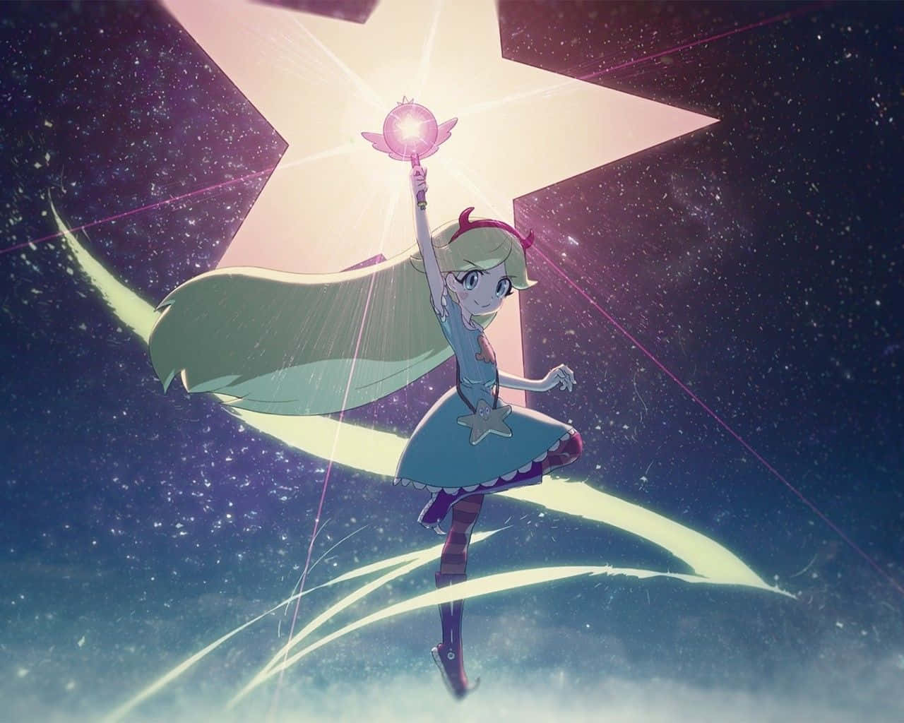 星蝶公主 桌布 壁紙 — 一個開心的動漫女孩，金髮，穿著星星主題的連衣裙，漂浮在星空夜空中，手持發光魔杖，高舉在一顆巨大星星之上。