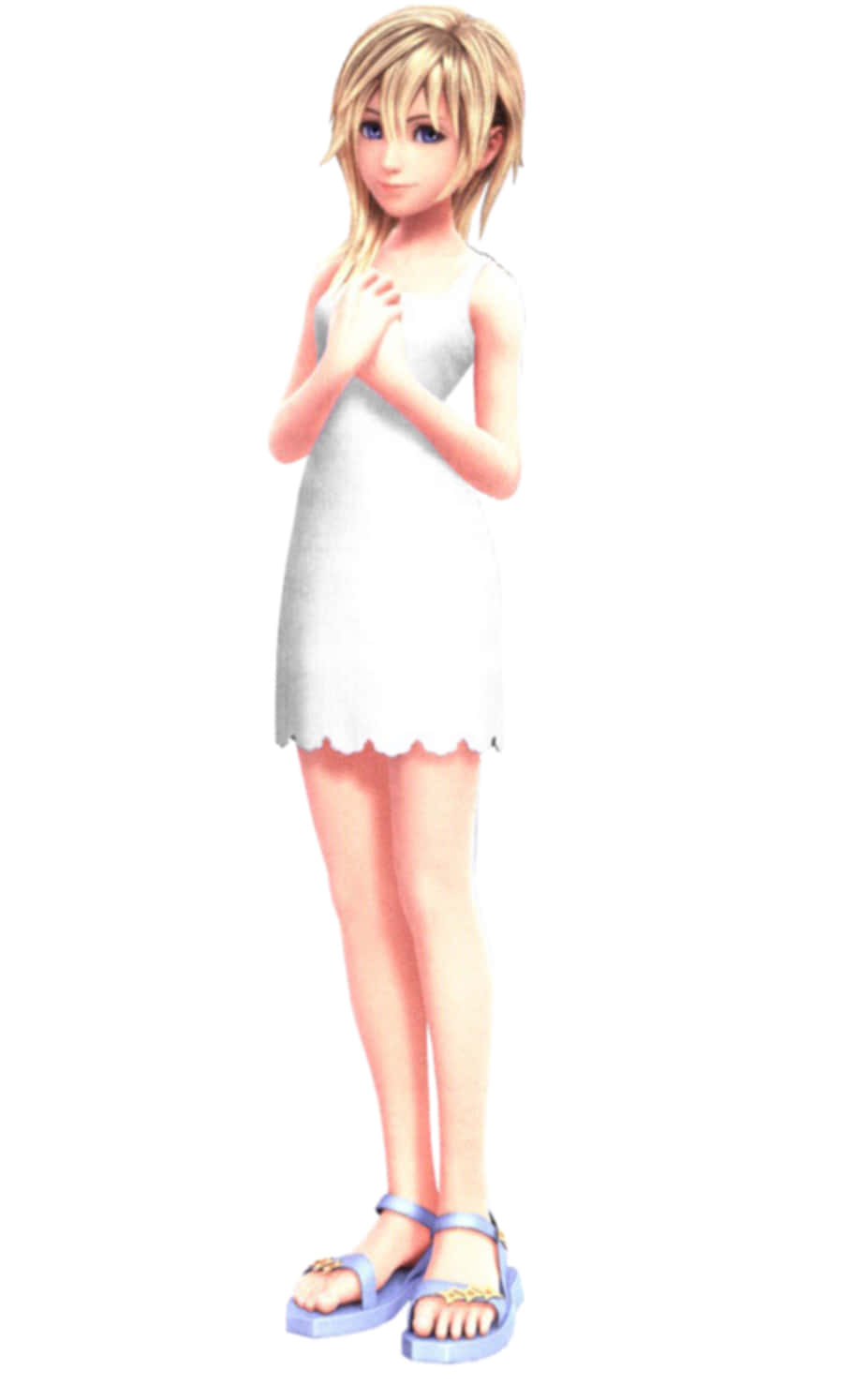 Kingdom Hearts Namine 桌布 壁紙 — 一個開心的動漫女孩，金髮，穿著白色連衣裙和藍色涼鞋，雙手合十站立。