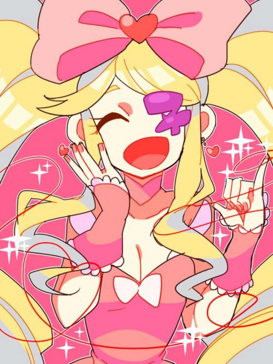 Nui Harime 桌布 壁紙 — 一個開心的動漫女孩，金髮和一個巨大的粉紅色蝴蝶結，在閃爍的光芒中愉快地笑著，做出和平手勢。