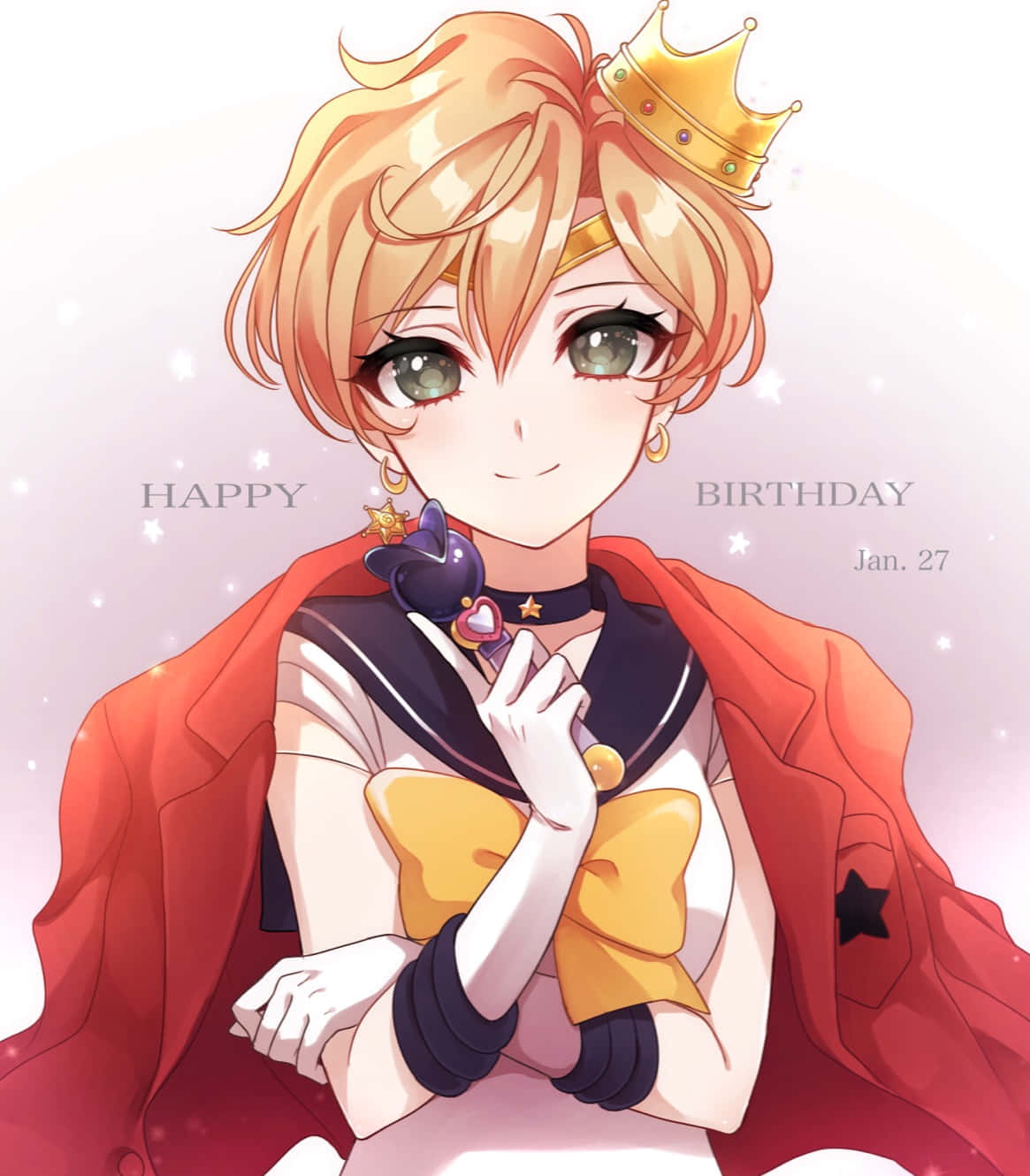Sailor Uranus 桌布 壁紙 — 一個開心的動漫女孩，金髮戴著金色皇冠，微笑著抱著一隻小黑貓毛絨玩具，背景是柔和的粉紅色閃亮背景。