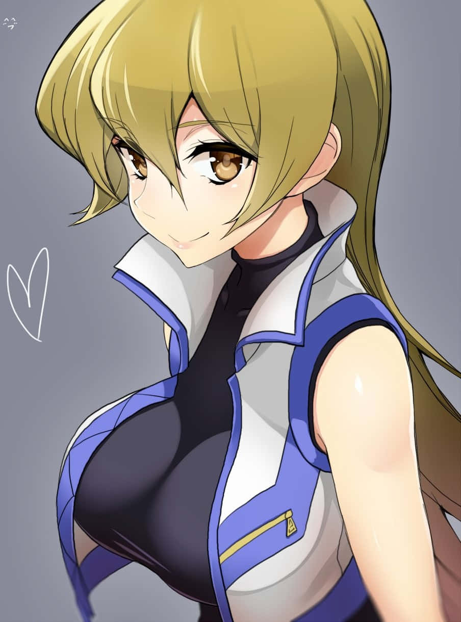 Alexis Rhodes 桌布 壁紙 — 一個開心的動漫女孩，金髮棕眼，穿著藍白無袖外套微笑。