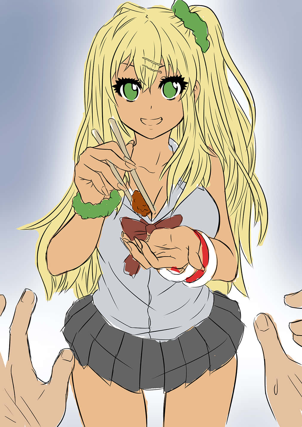 Gyaru 桌布 壁紙 — 一個開心的動漫女孩，金髮綠眼，用筷子吃炸雞，周圍有許多伸出的手。