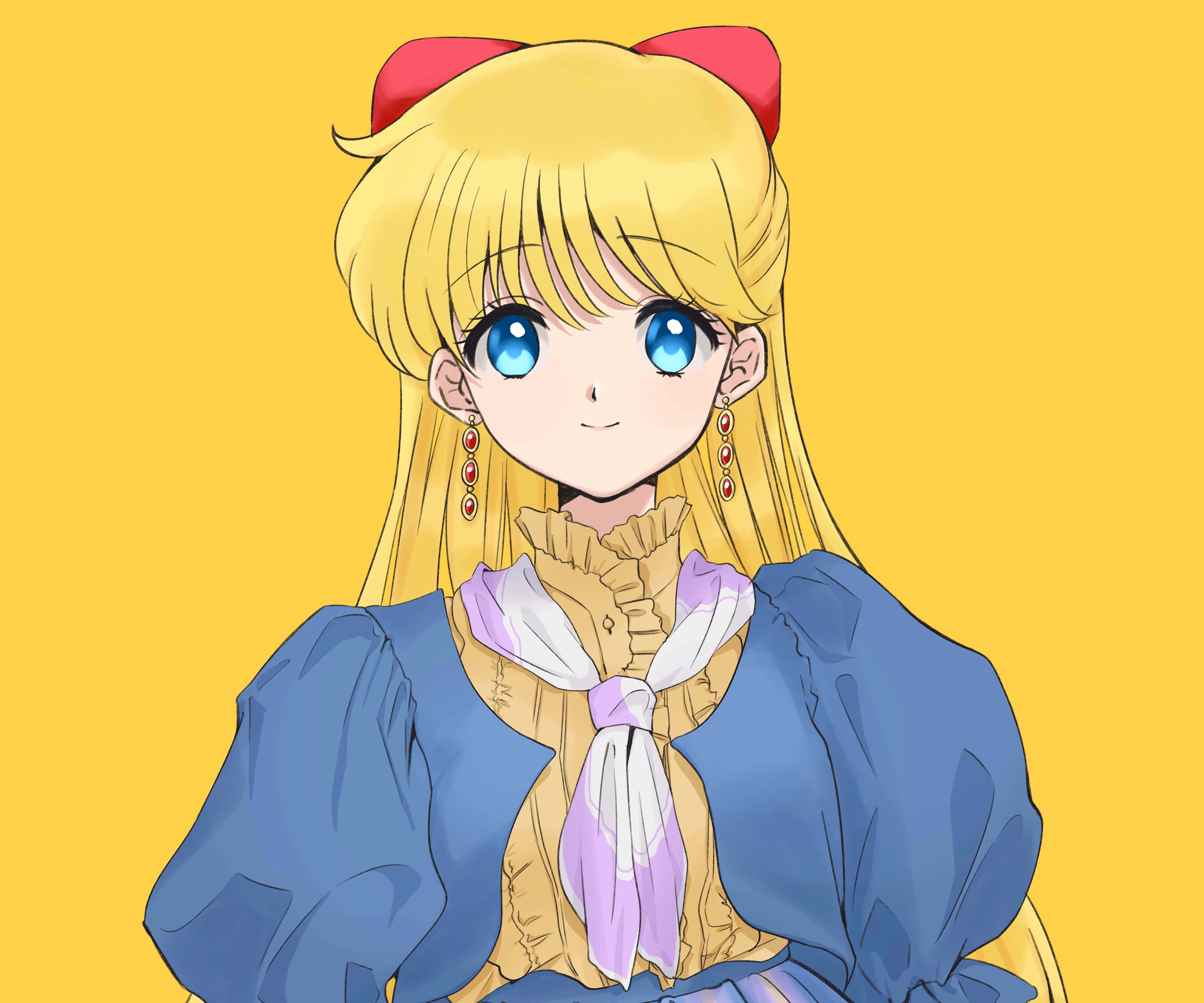 Sailor Venus 桌布 壁紙 — 一個開心的動漫女孩，金髮藍眼，穿著藍色襯衫和紅色蝴蝶結，背景是純黃色。