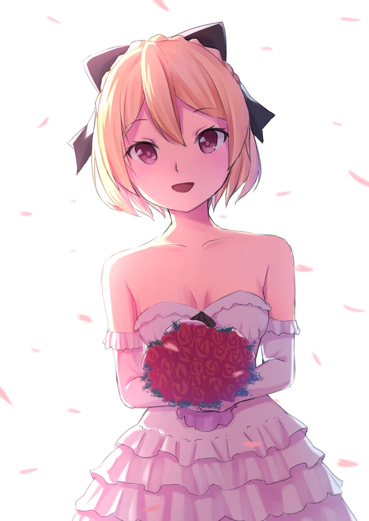 Re Zero Felt 桌布 壁紙 — 一個開心的動漫女孩，金髮貓耳，在柔和的粉紅色紙屑背景前拿著一束紅玫瑰。