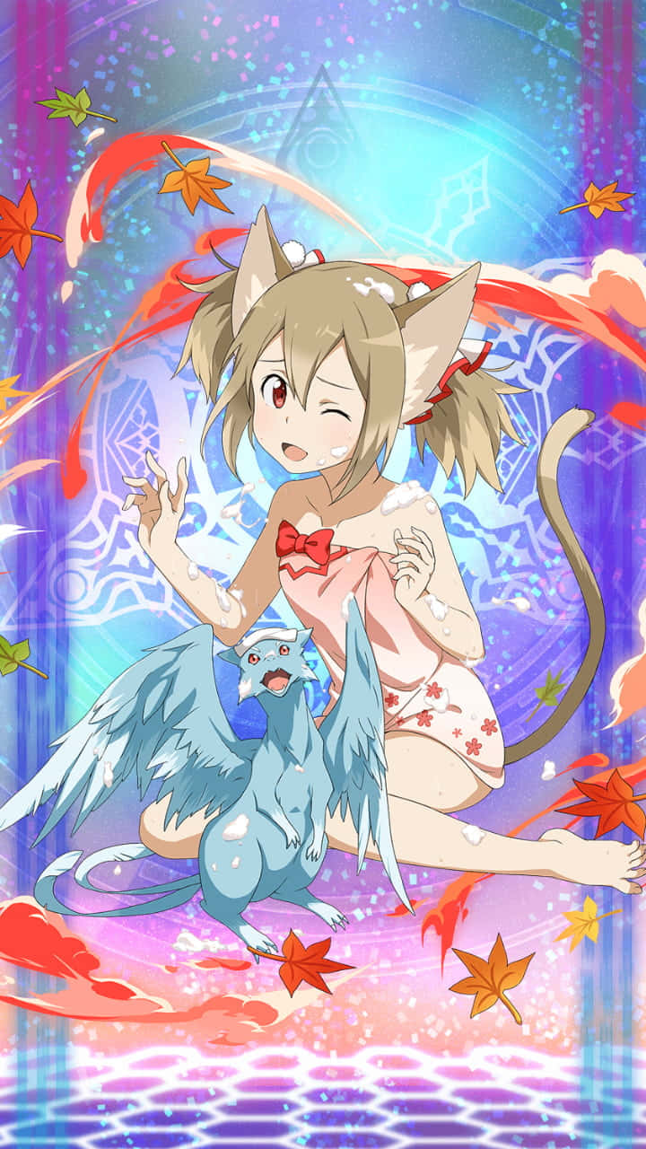 Sword Art Online Silica 桌布 壁紙 — 一個開心的動漫女孩，長著貓耳和尾巴，坐在一隻藍色小飛龍旁邊，周圍是旋轉的秋葉和發光的魔法圖案。