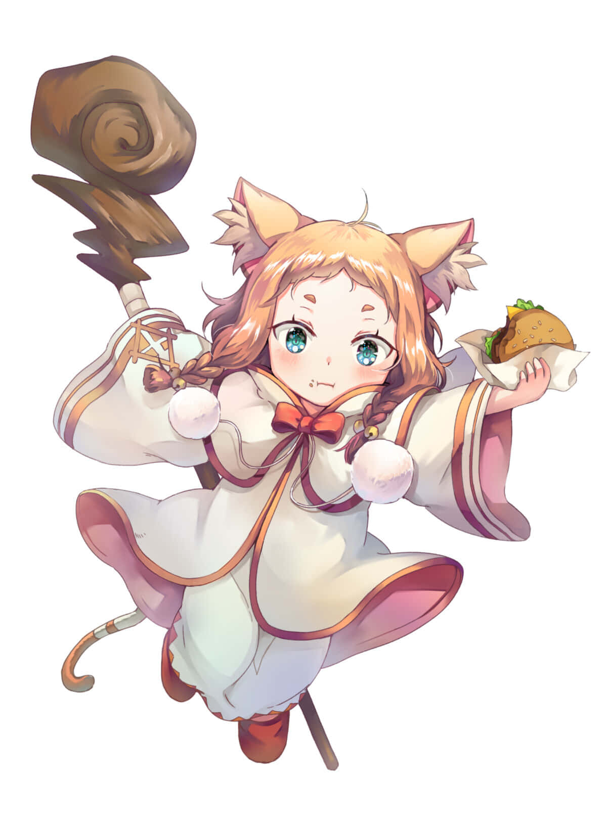 Mimi Pearlbaton 桌布 壁紙 — 一個開心的動漫女孩，長著貓耳和貓尾，手持一個墨西哥捲餅和一把巨大的錘子，在半空中以俏皮的姿勢漂浮。