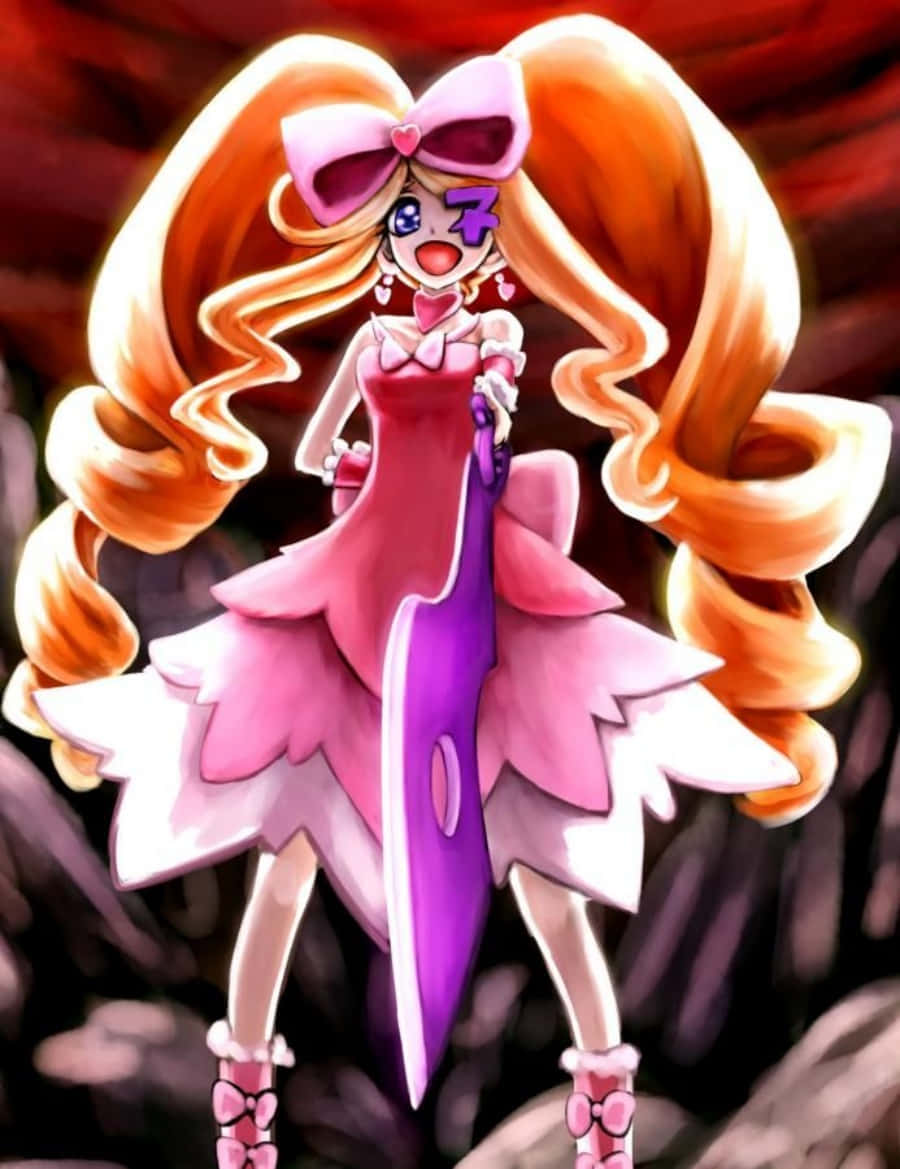 Nui Harime 桌布 壁紙 — 一個開心的動漫女孩，長長橙色頭髮，穿著粉紅色連衣裙，在火紅背景前揮舞紫色劍。