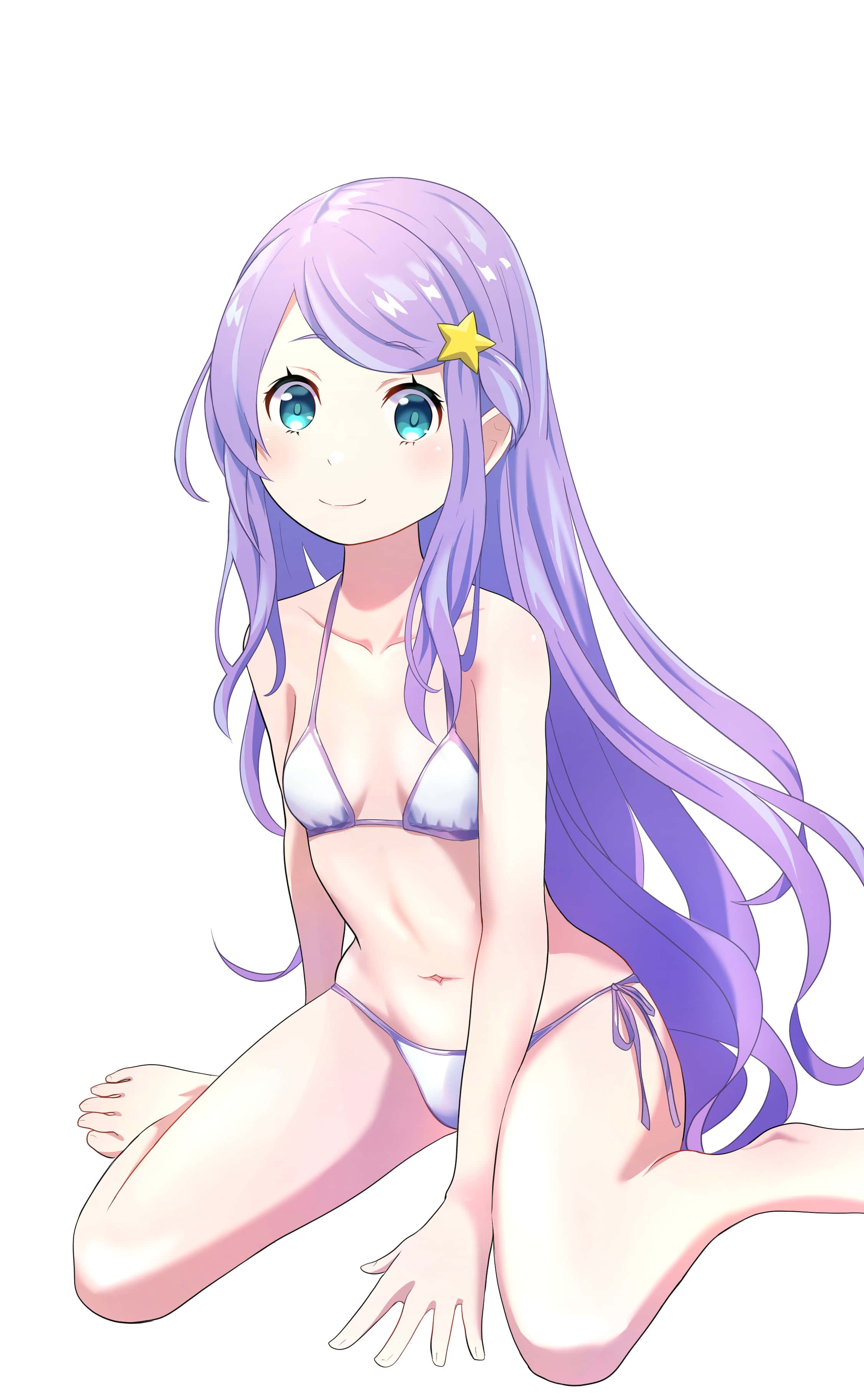 Anastasia Hoshin 桌布 壁紙 — 一個開心的動漫女孩，長長的紫色頭髮和黃色星星髮夾，穿著白色比基尼，坐在純白色背景前。