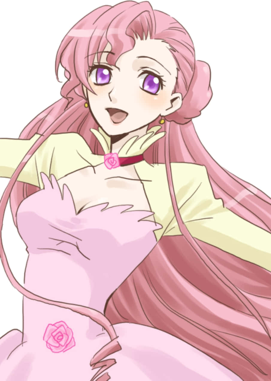 Euphemia Li Britannia 桌布 壁紙 — 一個開心的動漫女孩，長長粉紅色頭髮和紫色眼睛，穿著帶有玫瑰細節和黃色領子的粉紅色連衣裙。