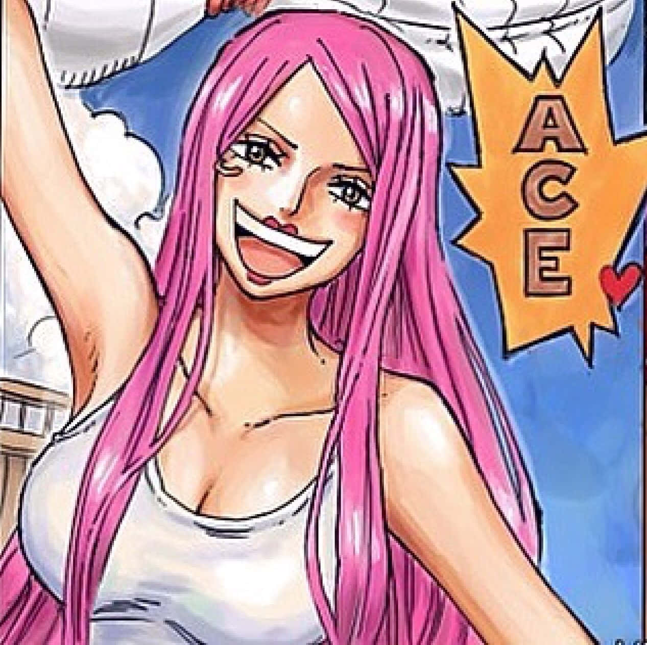 Jewelry Bonney 桌布 壁紙 — 一個開心的動漫女孩，長長粉紅色頭髮，穿著白色背心，在藍天背景下舉起一隻手臂，露出燦爛的笑容。