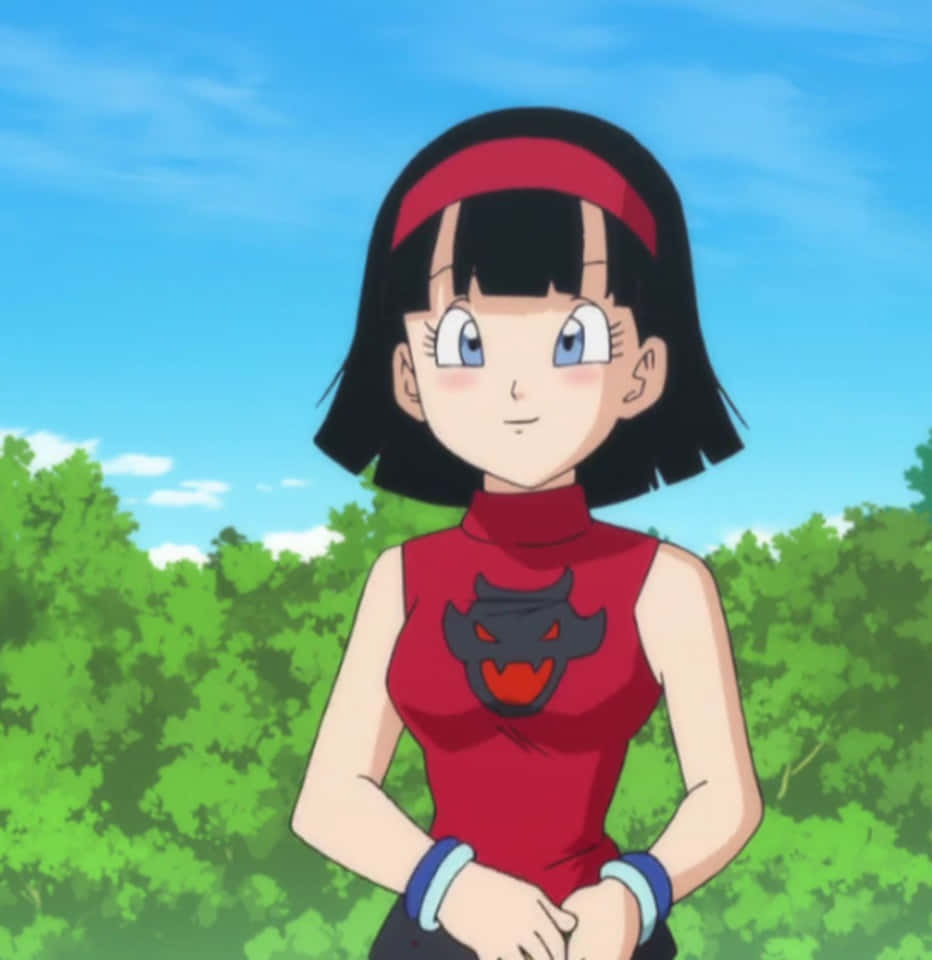 Videl 桌布 壁紙 — 一個開心的動漫女孩，黑色波波頭和紅色頭帶，身穿帶有惡魔標誌的紅色上衣，站在戶外，背景是明亮的藍天和綠樹。
