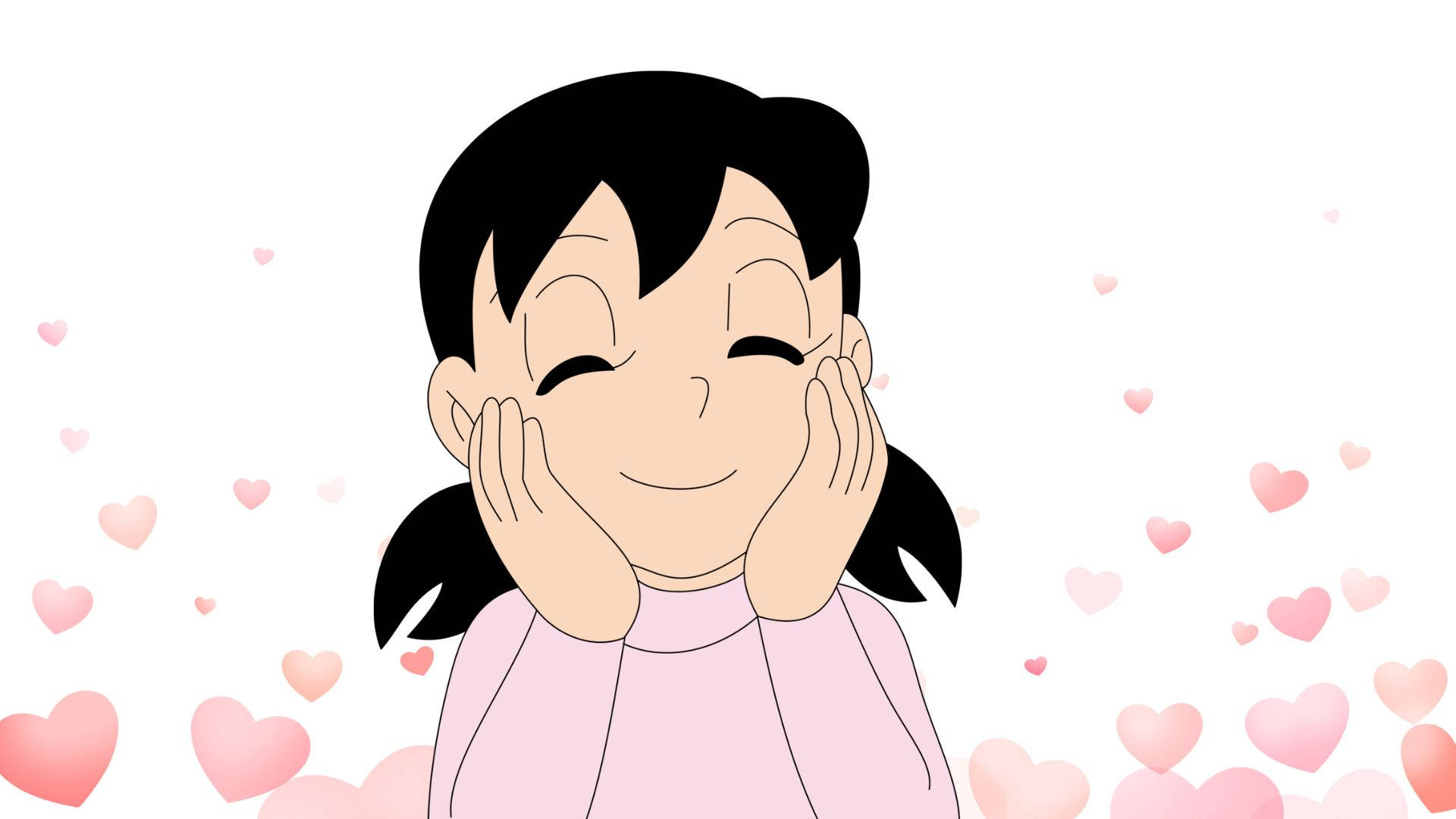 可愛少女風gif 桌布 壁紙 — 一個開心的動漫女孩，黑色雙馬尾，雙手托腮微笑，粉紅色心形在她周圍漂浮，背景為白色。