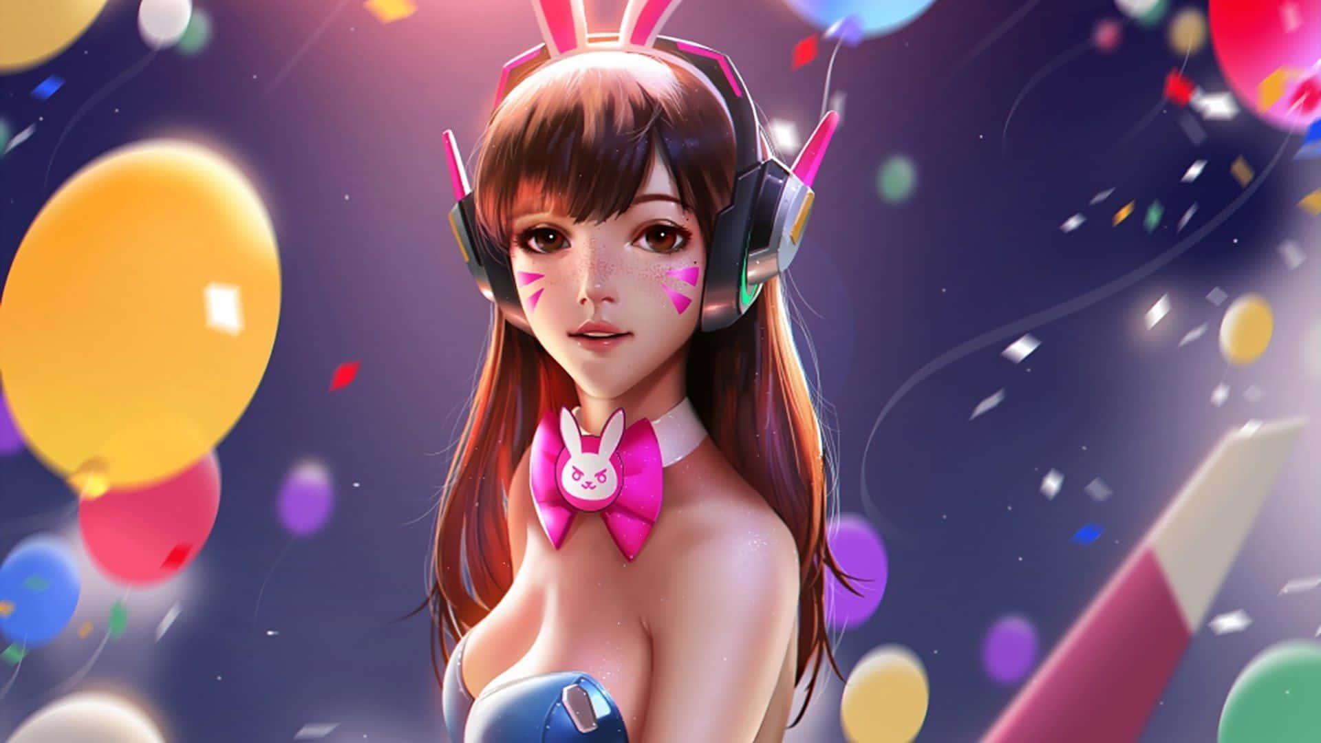 Overwatch D.va 桌布 壁紙 — 一個開心的動漫女孩戴着兔耳和耳機，在飄浮的氣球和五彩紙屑中微笑，呈現充滿活力的派對場景。