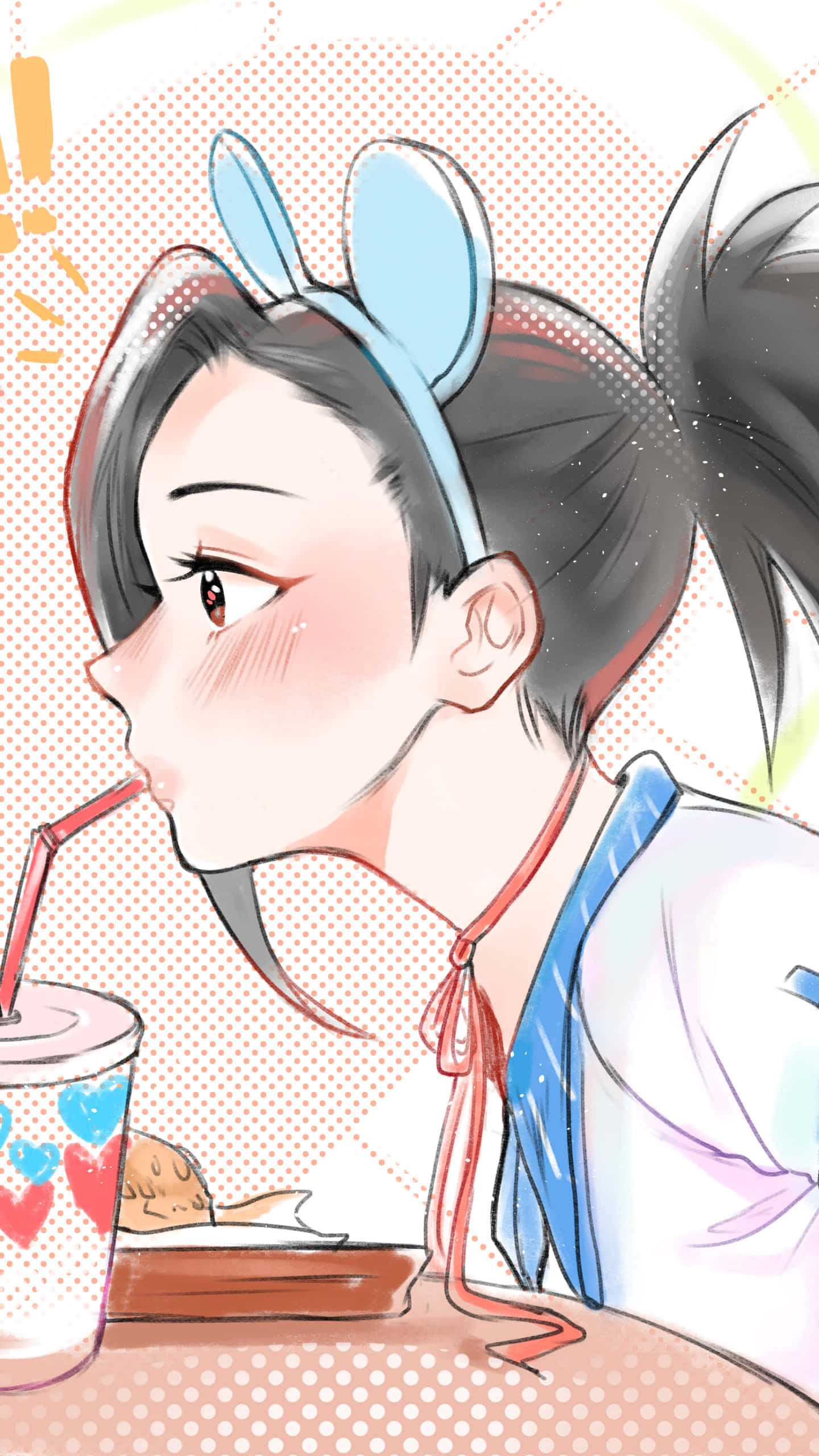 Momo Yaoyorozu 桌布 壁紙 — 一個開心的動漫女孩戴著兔耳，在桌邊用吸管喝飲料，臉頰泛紅。