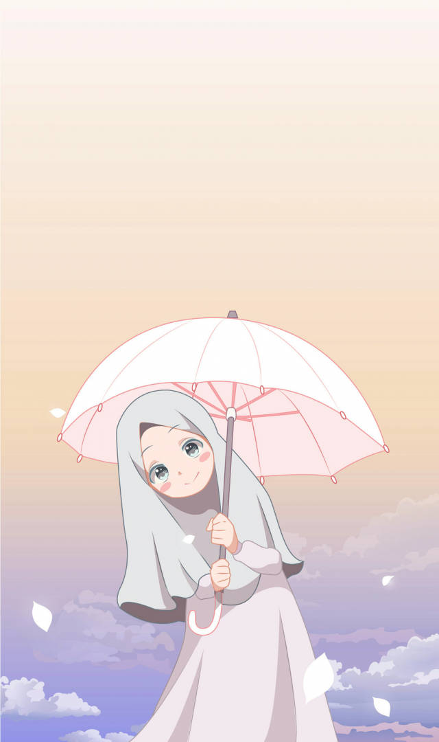 Umbrella 桌布 壁紙 — 一個開心的動漫女孩戴著頭巾，在柔和的粉彩天空和飄浮花瓣中撐著白色雨傘。