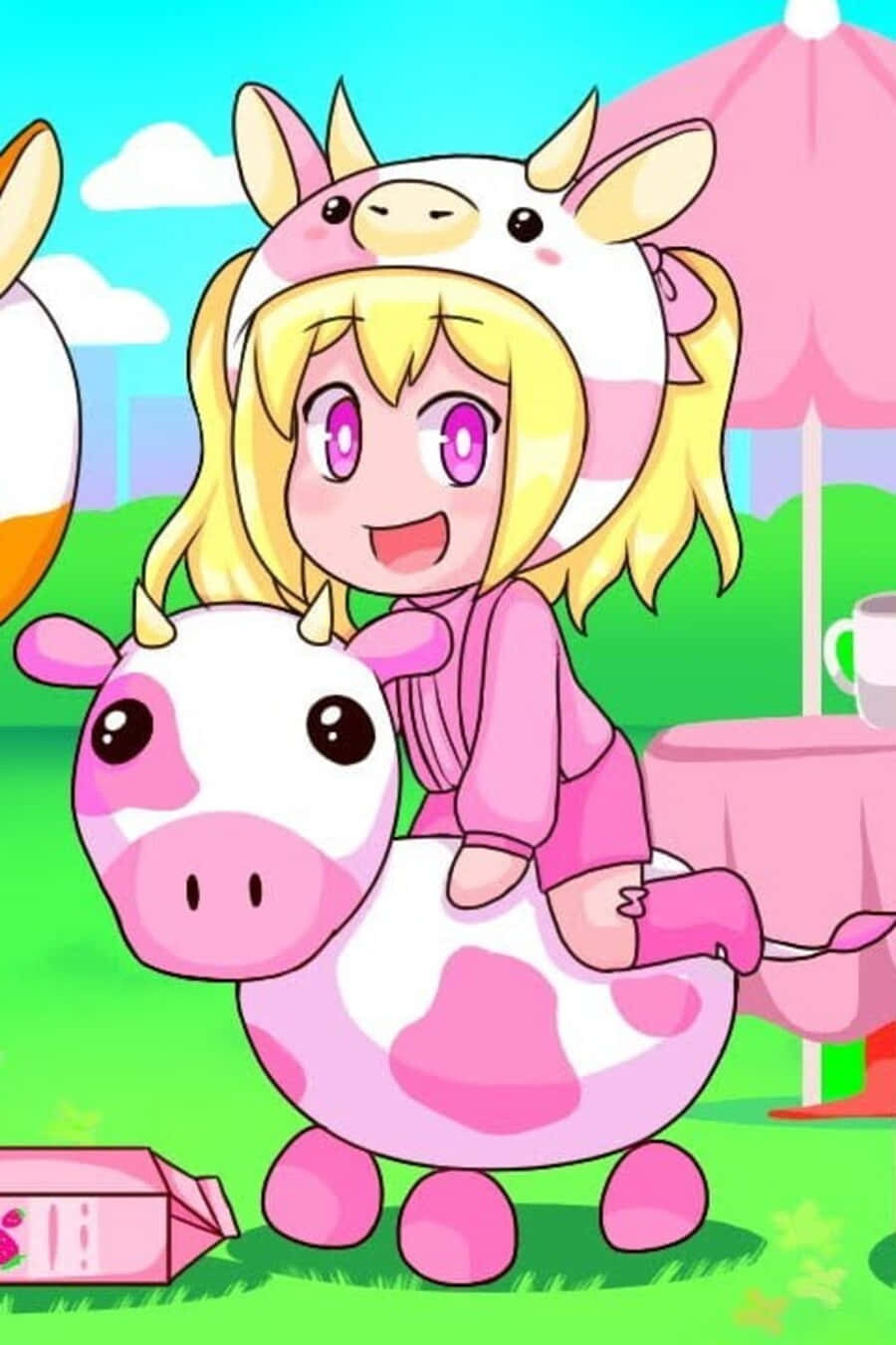 Kawaii Strawberry Cow 桌布 壁紙 — 一個開心的動漫女孩穿著乳牛連身衣，在明亮的戶外花園場景中騎著粉紅色的乳牛。