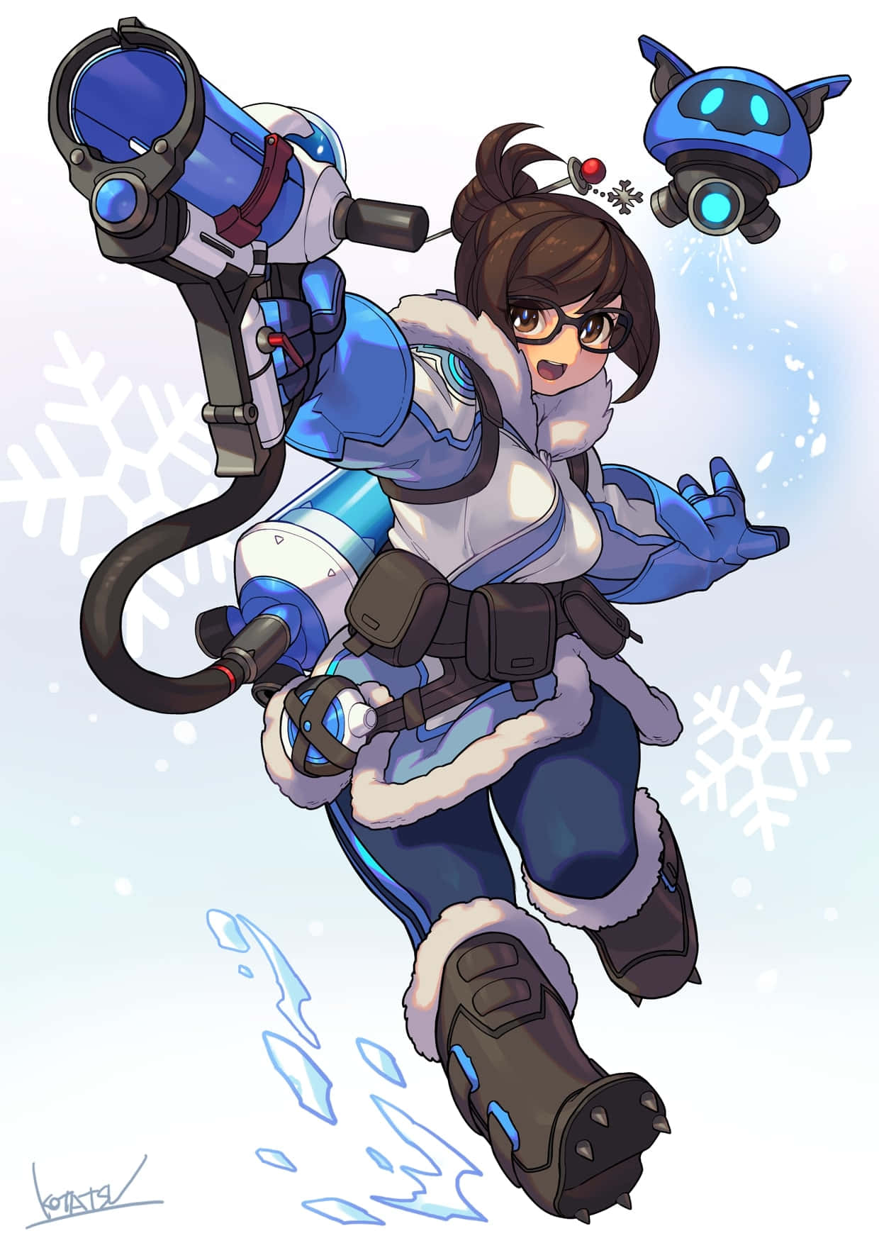 Overwatch Mei 桌布 壁紙 — 一個開心的動漫女孩穿著冬季裝備，揮舞著一把巨大的藍色武器，雪花在她周圍旋轉。