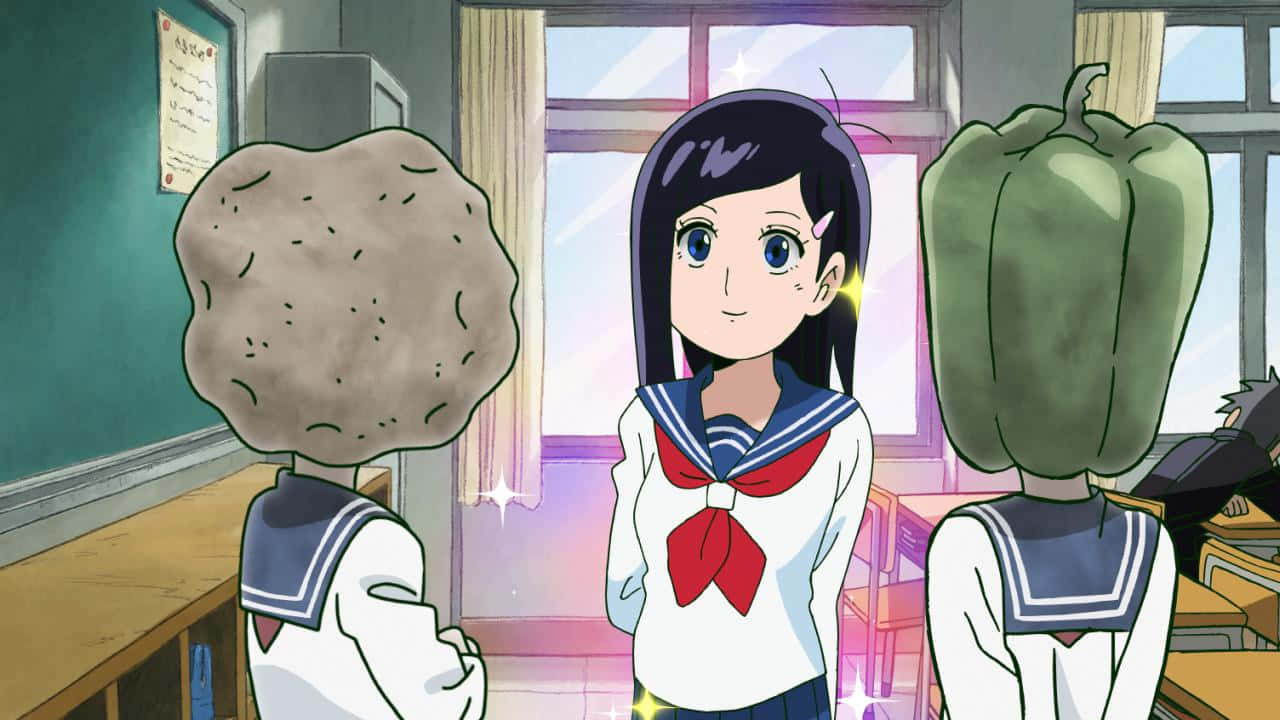 Tsubomi Takane 桌布 壁紙 — 一個開心的動漫女孩穿著水手服，站在兩個頭像岩石和胡椒的同學之間，在陽光明媚的課室裡。