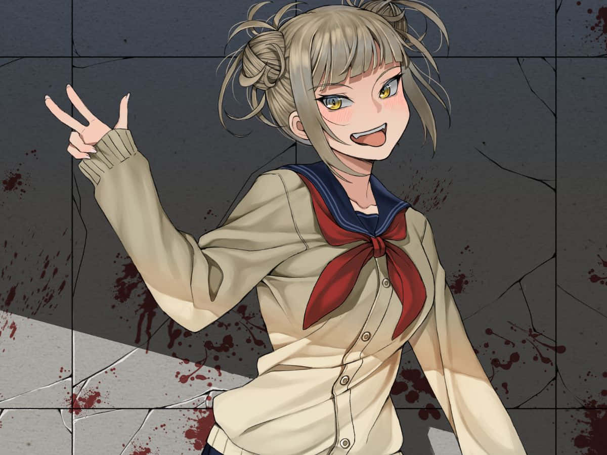 Toga 桌布 壁紙 — 一個開心的動漫女孩穿著沾滿血跡的校服，在裂開的牆前比出和平手勢。