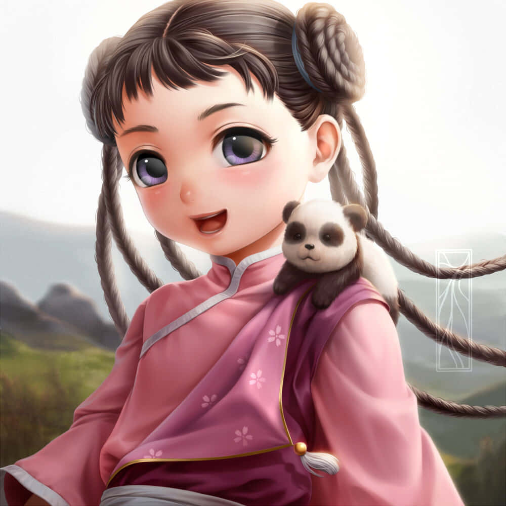 May Chang 桌布 壁紙 — 一個開心的動漫女孩穿著粉紅色花卉長袍微笑，一隻小熊貓棲息在她的肩膀上，背景是柔和的山巒。