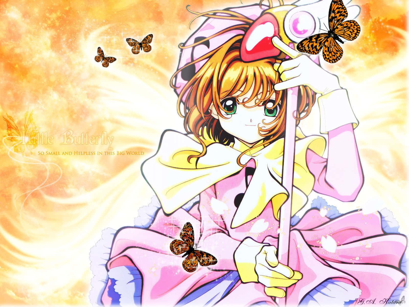 "Dreams come true with Cardcaptor Sakura" 壁紙 — 一個開心的動漫女孩穿著粉紅色連衣裙，手持魔杖，蝴蝶在她周圍飛舞，背景是耀眼的橙色。