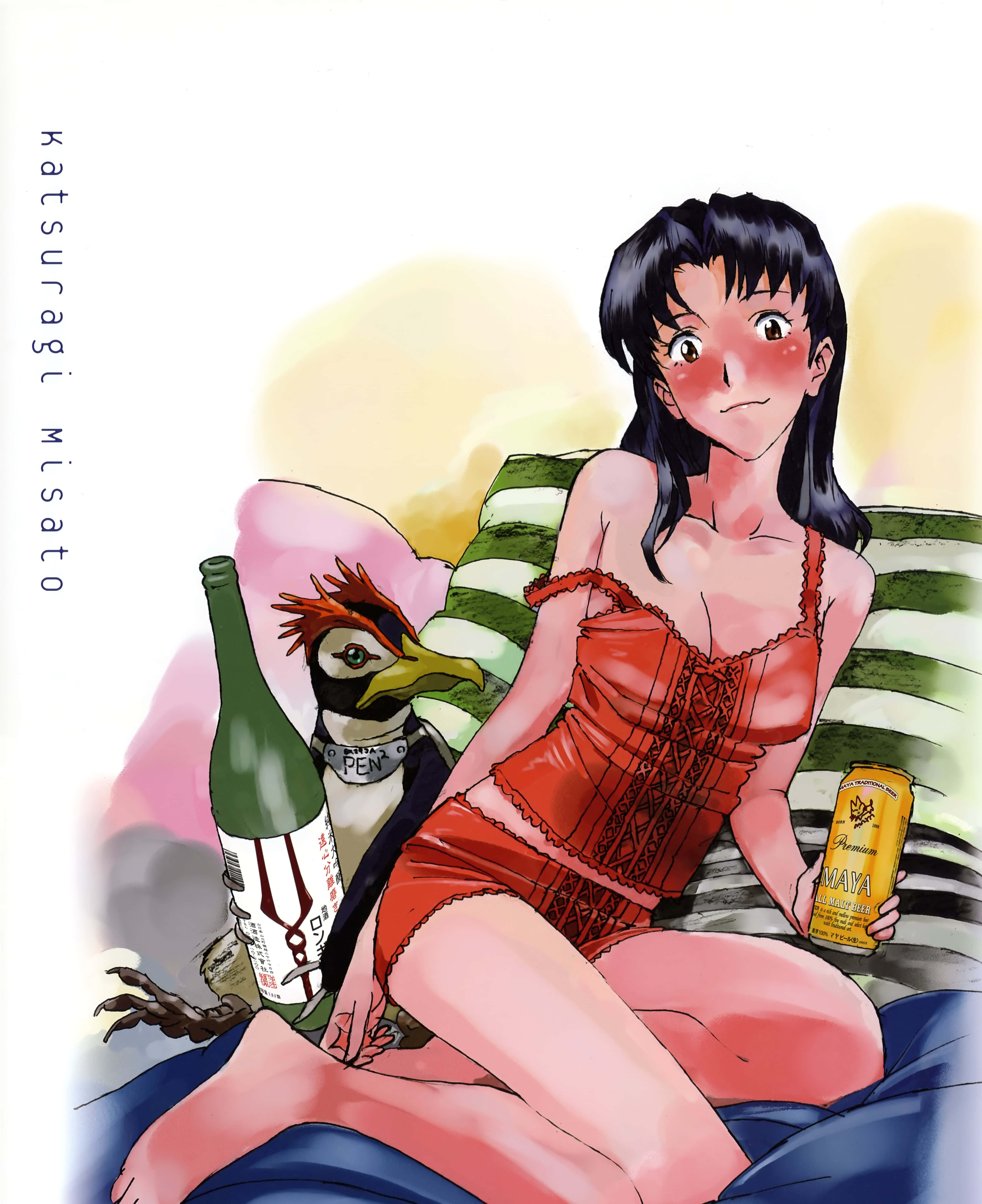 Pen Pen 桌布 壁紙 — 一個開心的動漫女孩穿著紅色內衣，躺在一張條紋沙發上，旁邊有一隻企鵝拿著一個瓶子和一罐啤酒。