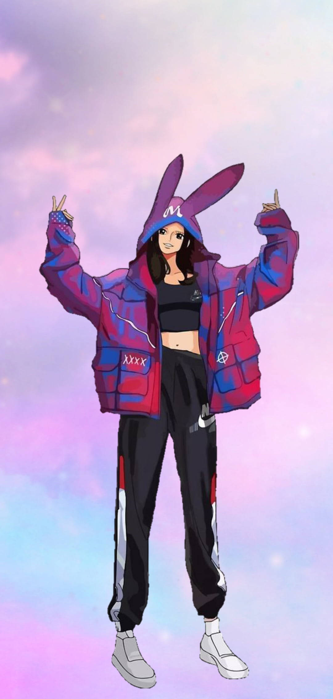 robin 桌布 壁紙 — 一個開心的動漫女孩穿著紫色兔子連帽衫和紅色外套，在粉彩漸變天空前比出和平手勢。